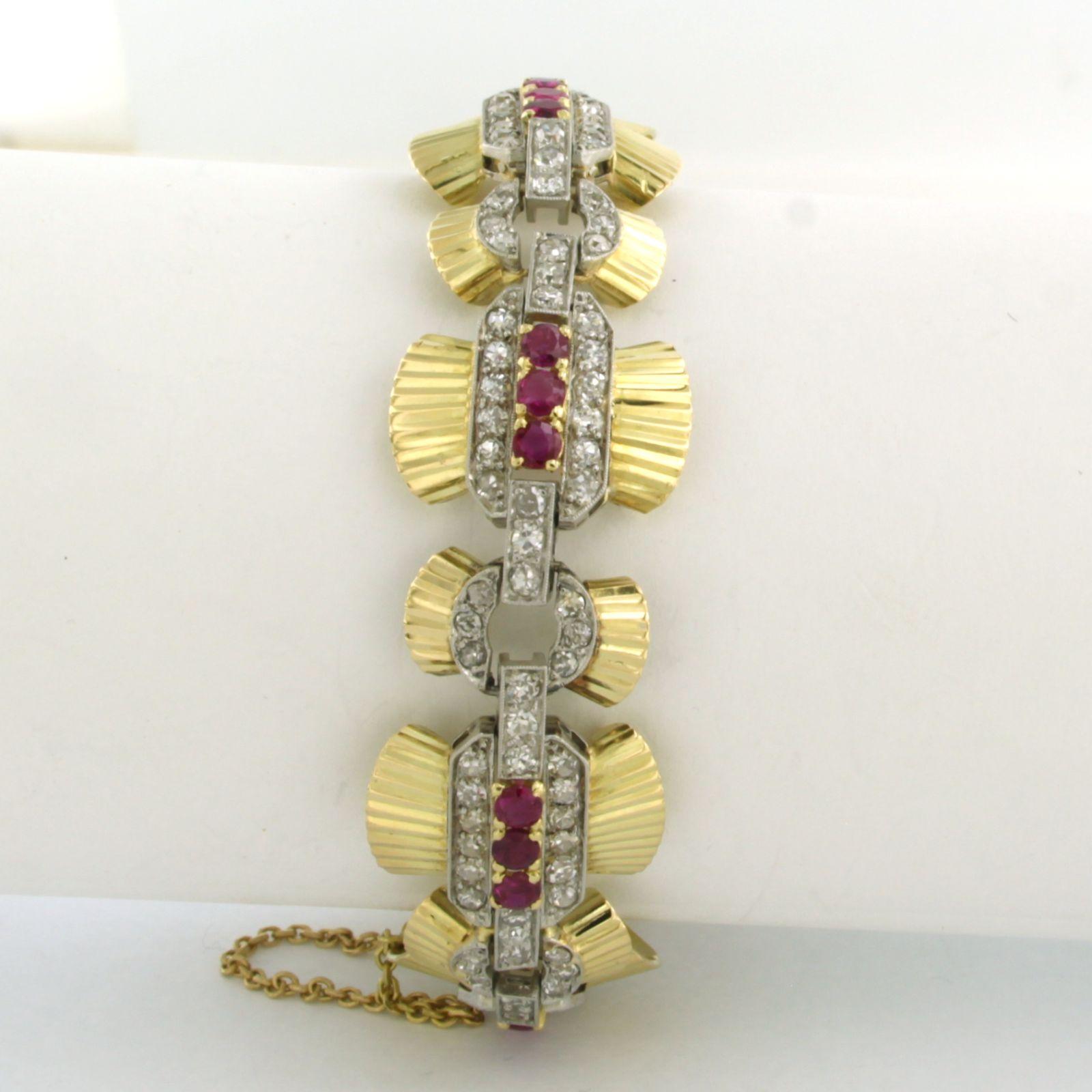 Retro Bracelet with ruby and single cut diamonds up to 4.00ct 18k gold and platinum For Sale