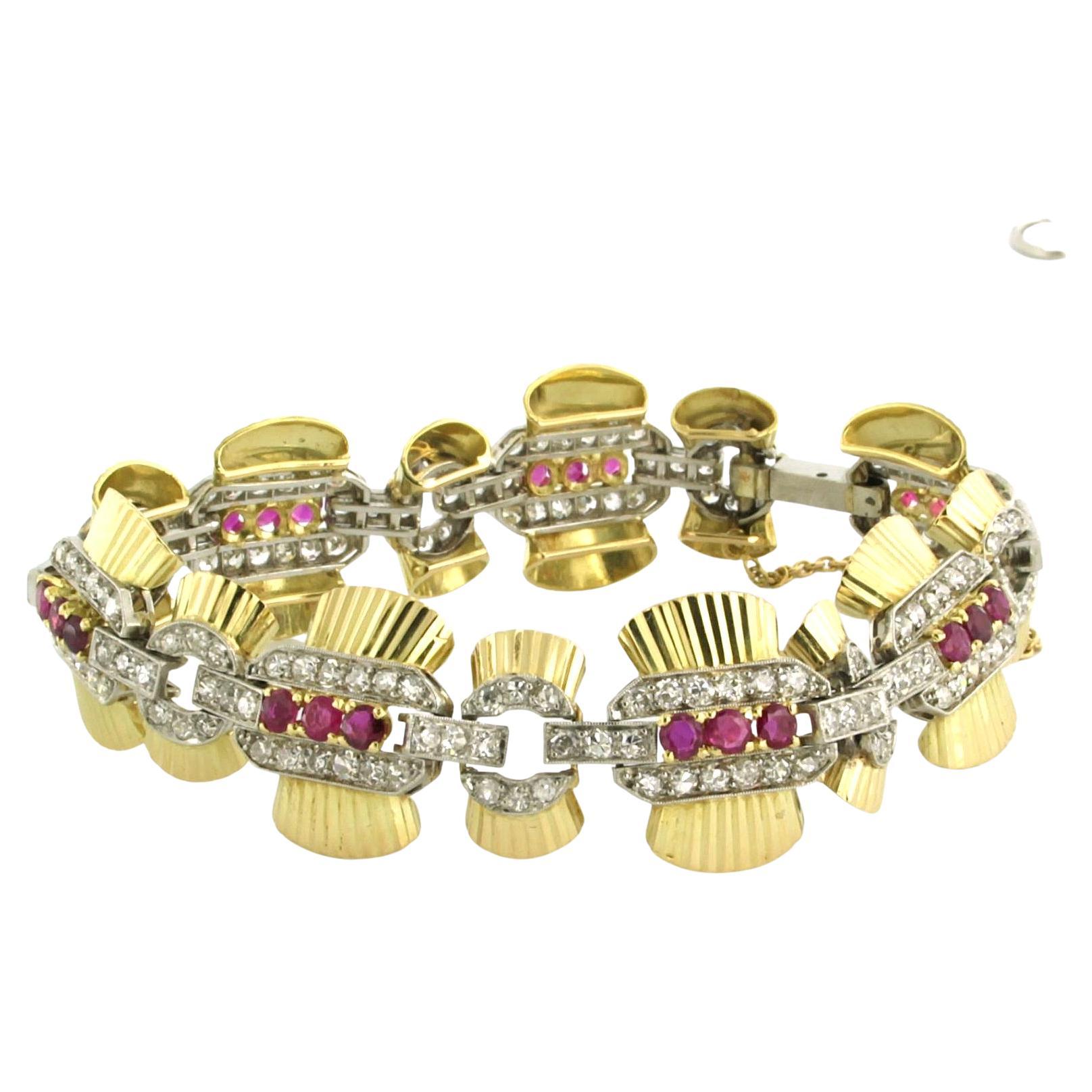 Bracelet with ruby and single cut diamonds up to 4.00ct 18k gold and platinum For Sale