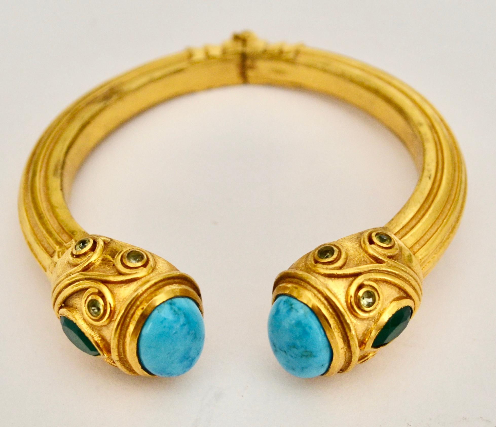 Bracelet with Turquoise Cabochons and Green Onyx Teardrop In New Condition In Virginia Beach, VA