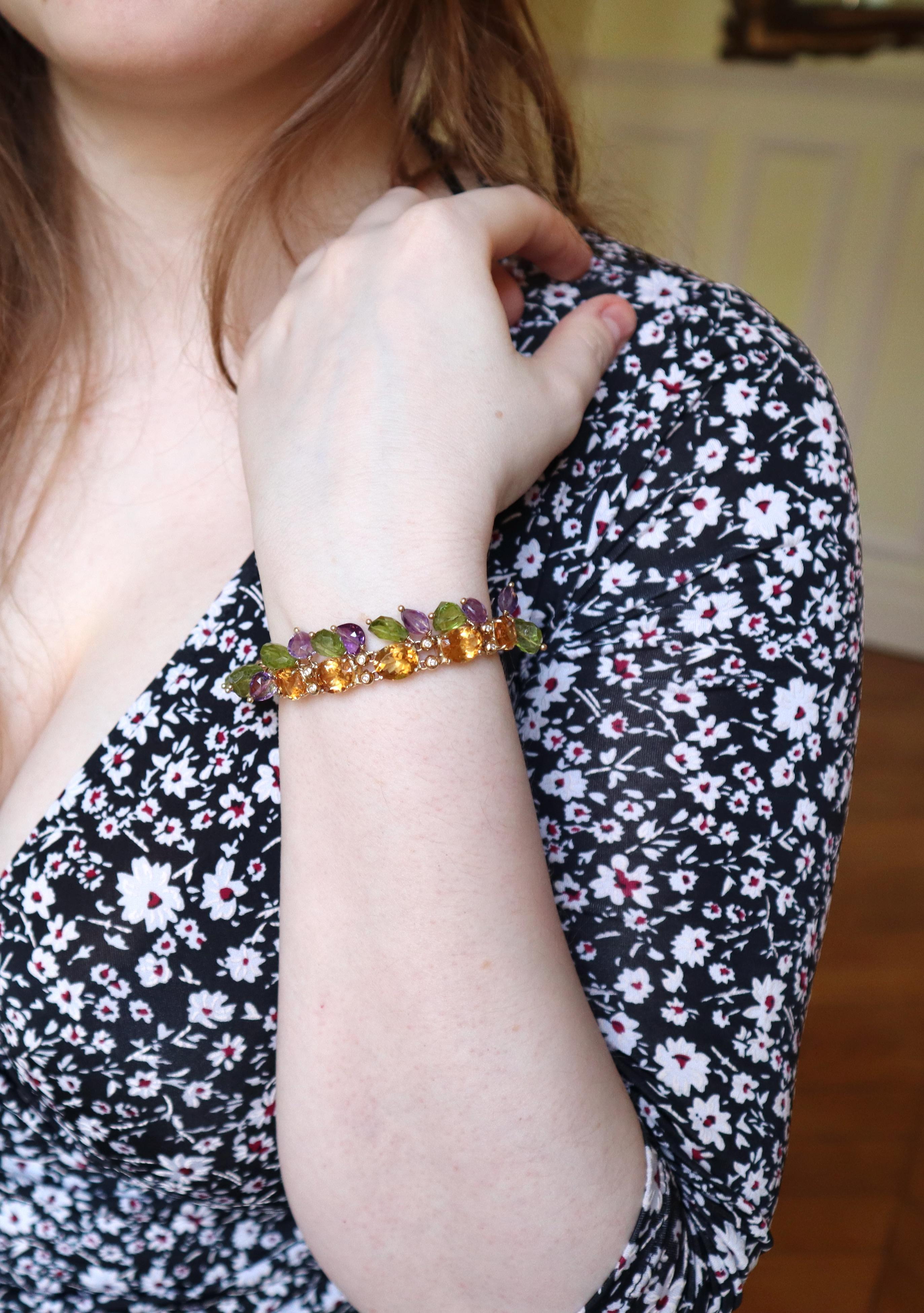 Taille mixte Bracelet pampilles en or jaune 18 carats, citrines, péridots, améthystes et diamants en vente
