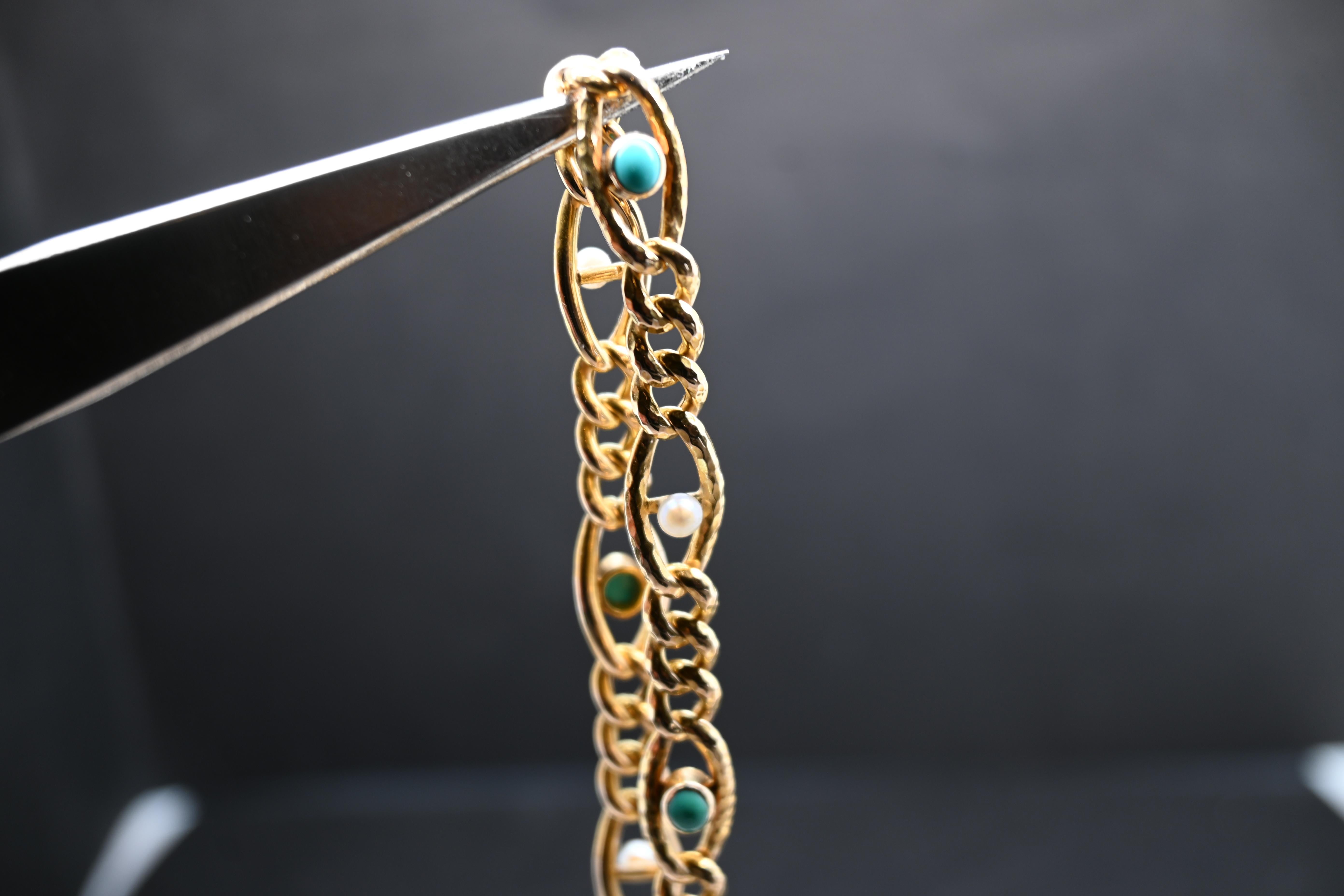 Uncut Bracelet Yellow Gold 18 Carats, Pearls And Turquoises For Sale