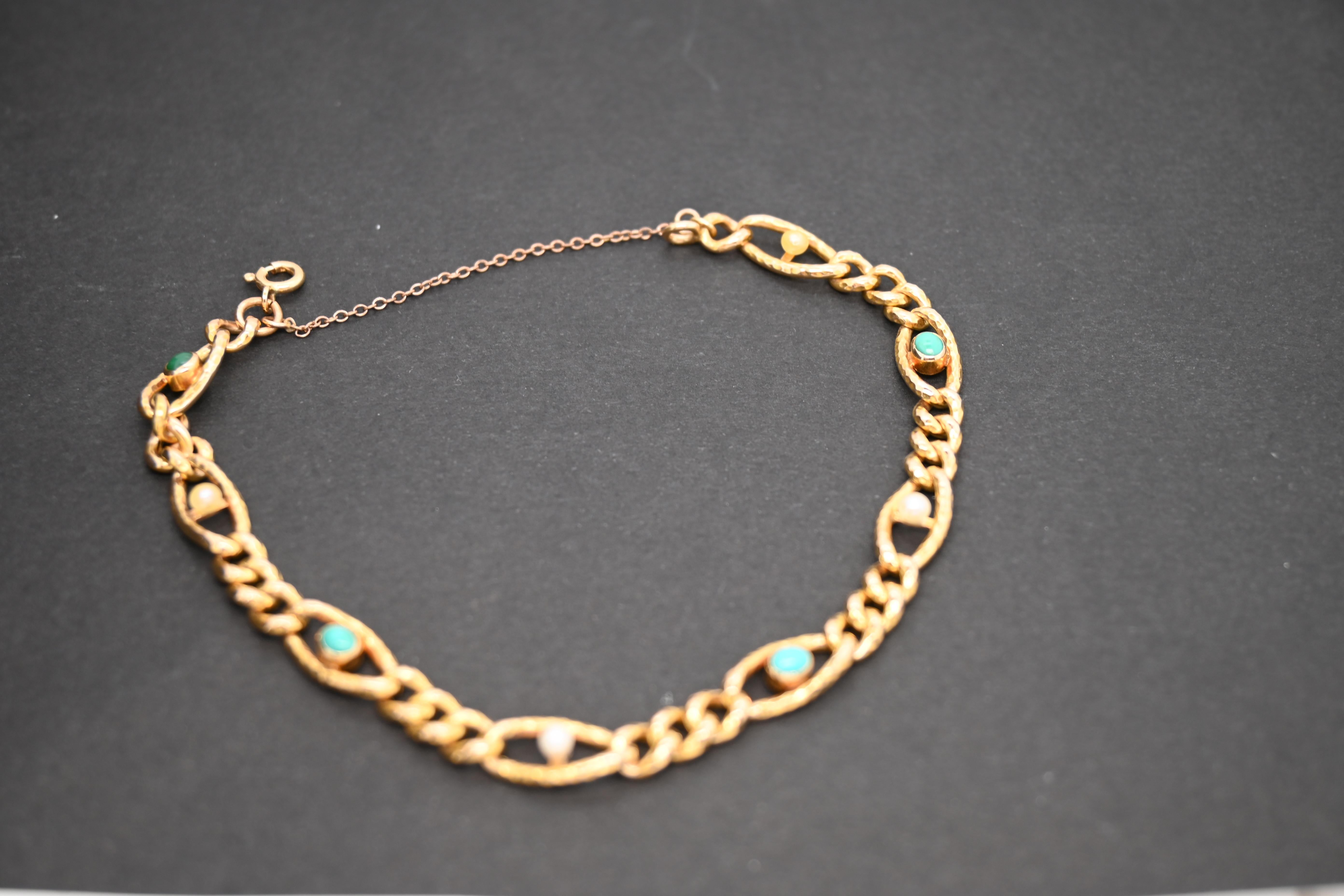 Bracelet Yellow Gold 18 Carats, Pearls And Turquoises In Excellent Condition For Sale In Vannes, FR