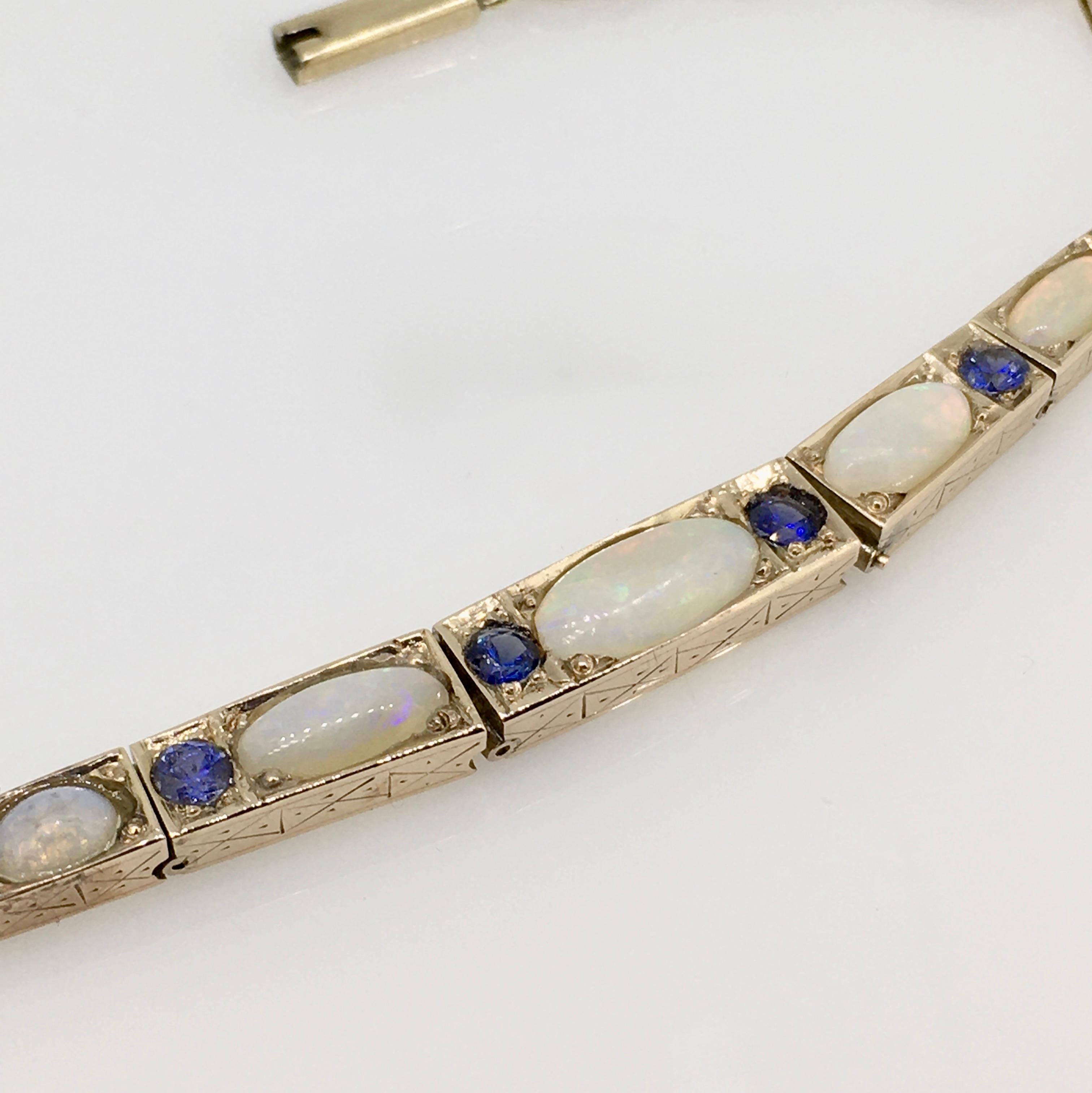Women's Bracelet, Yellow Gold, Art Deco, Sapphire, White Opal