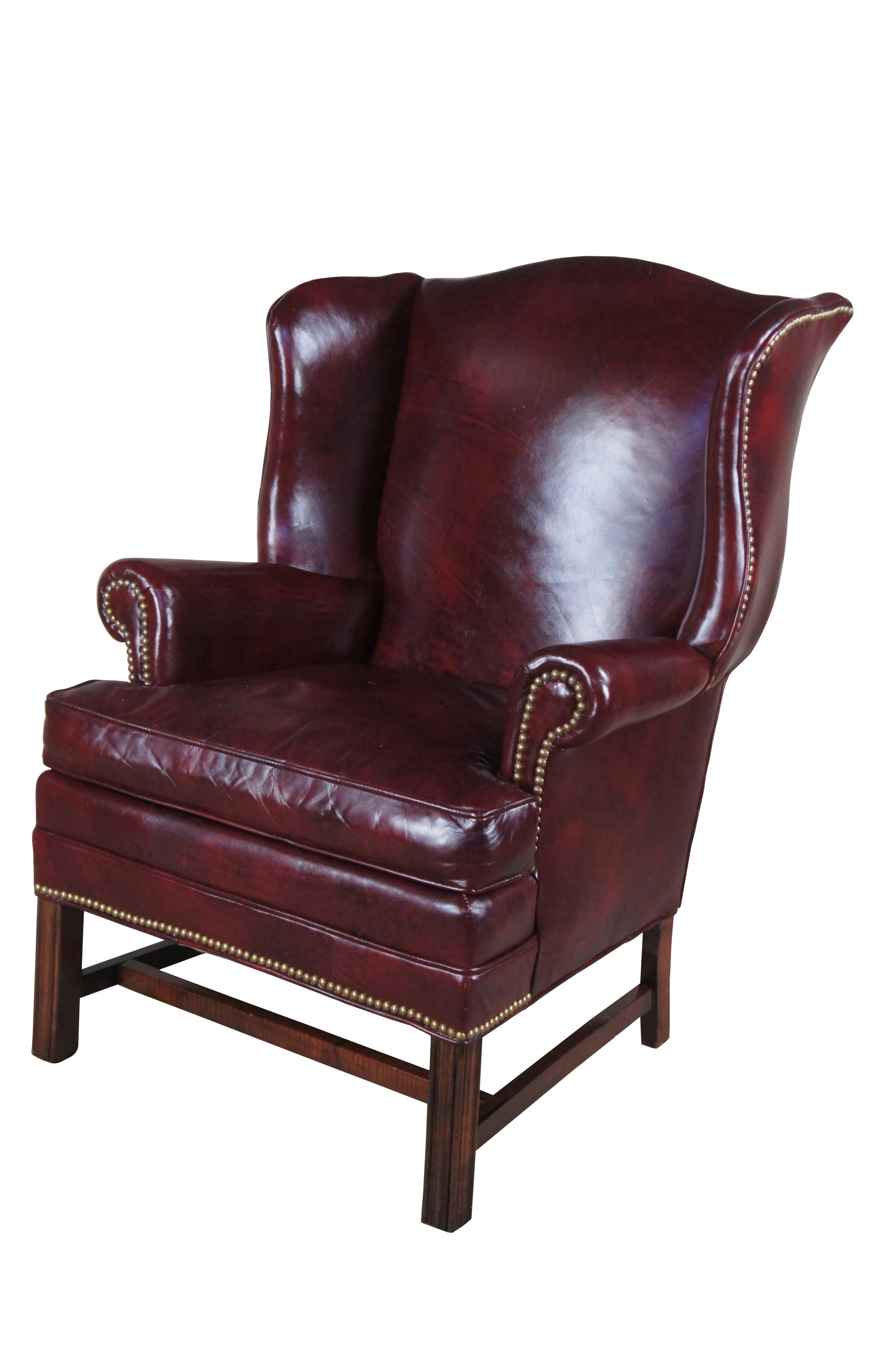 Chippendale Bracewell Burgundy Leather Nailhead Wingback Library Club Lounge Arm Chairs 