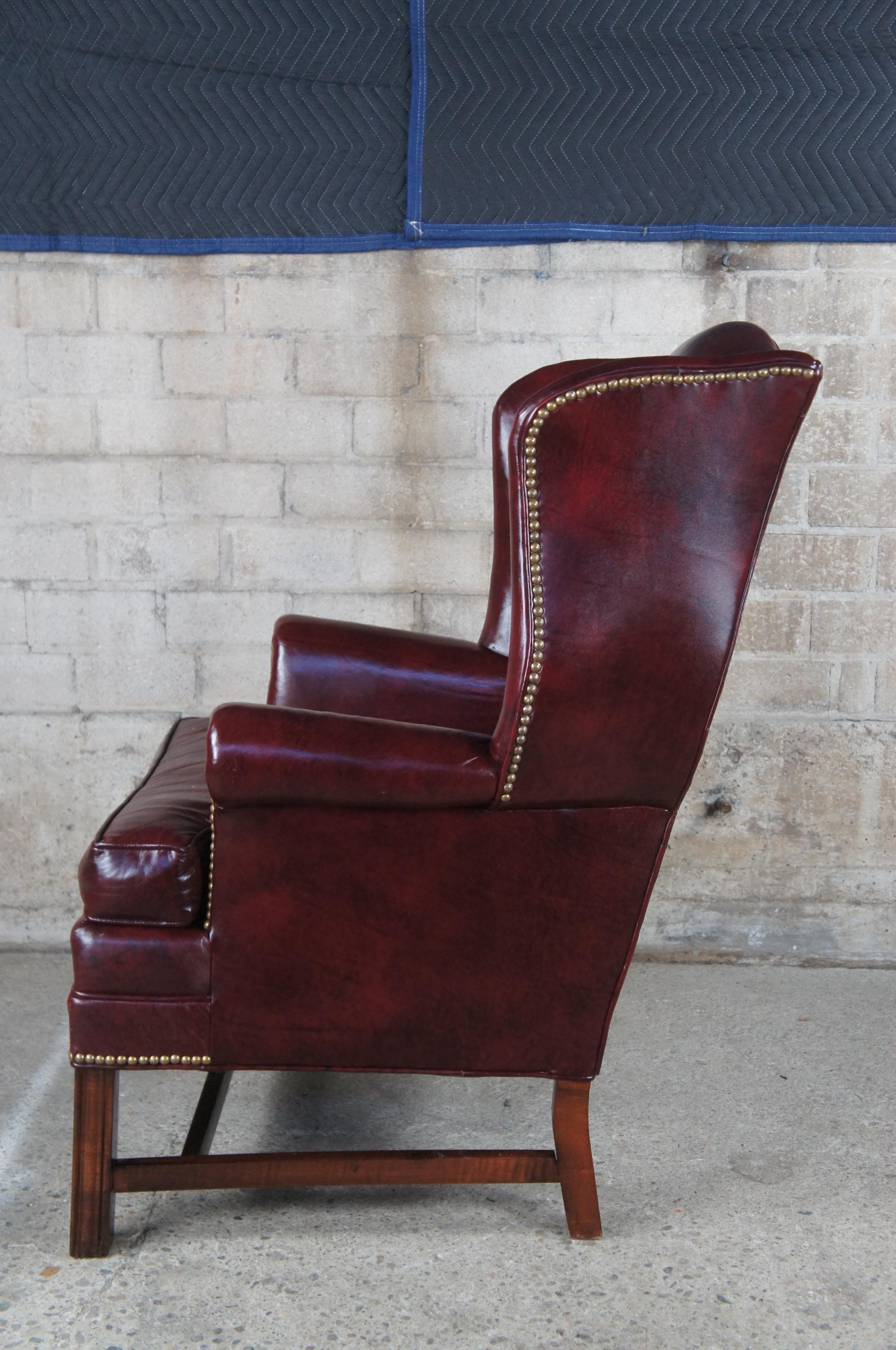 Bracewell Burgundy Leather Nailhead Wingback Library Club Lounge Arm Chairs  In Good Condition In Dayton, OH