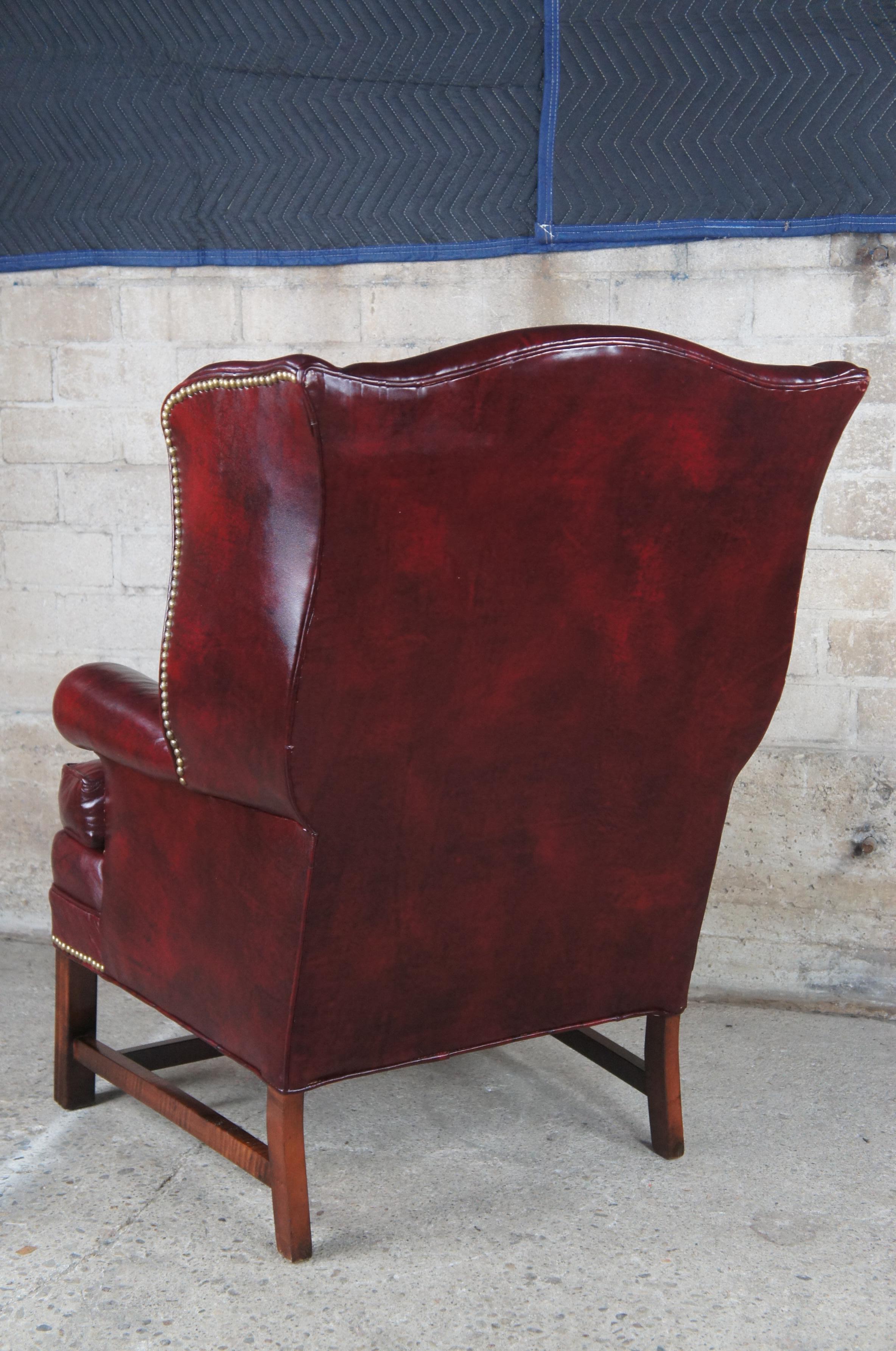 20th Century Bracewell Burgundy Leather Nailhead Wingback Library Club Lounge Arm Chairs 
