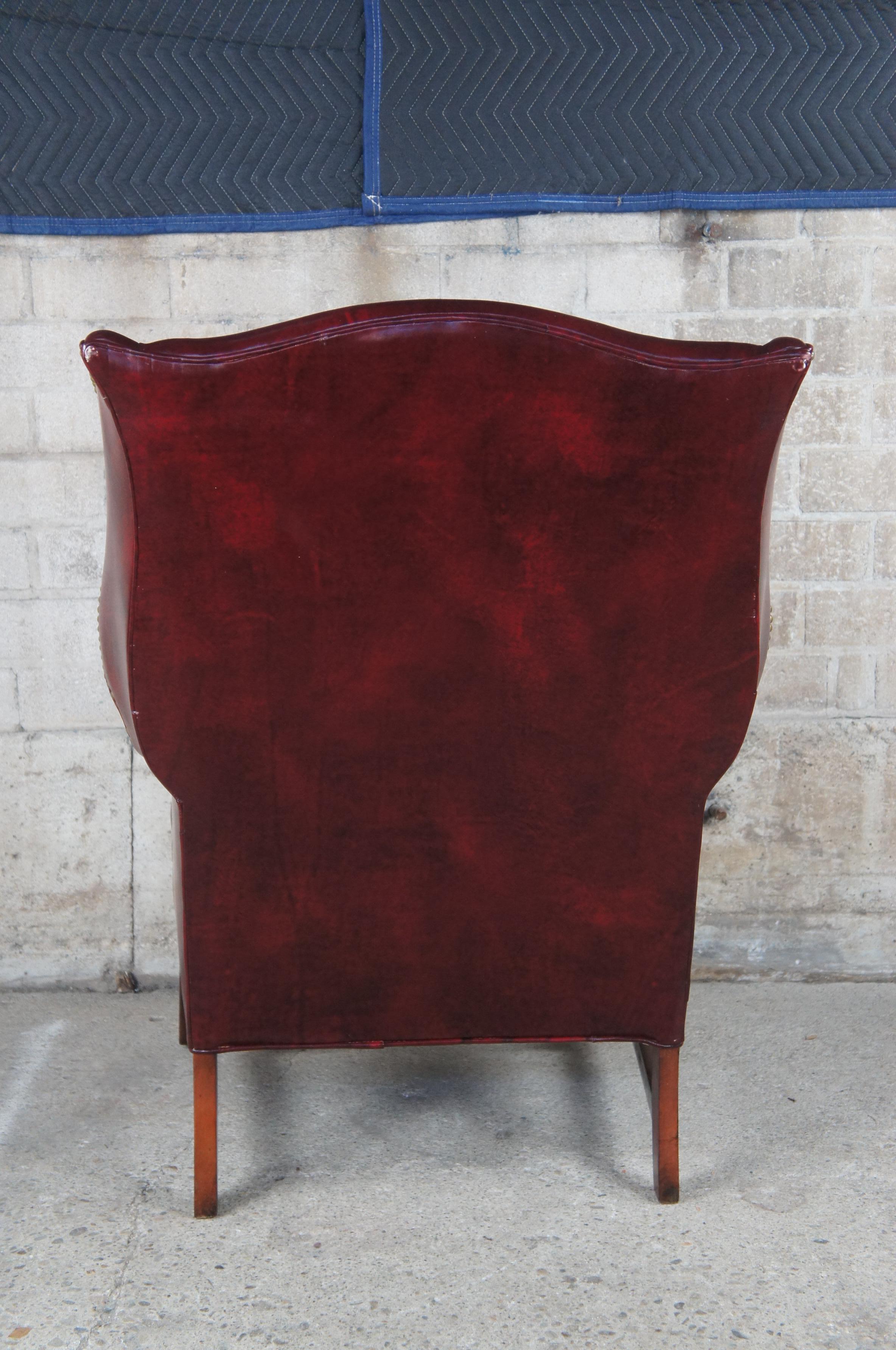 Bracewell Burgundy Leather Nailhead Wingback Library Club Lounge Arm Chairs  1