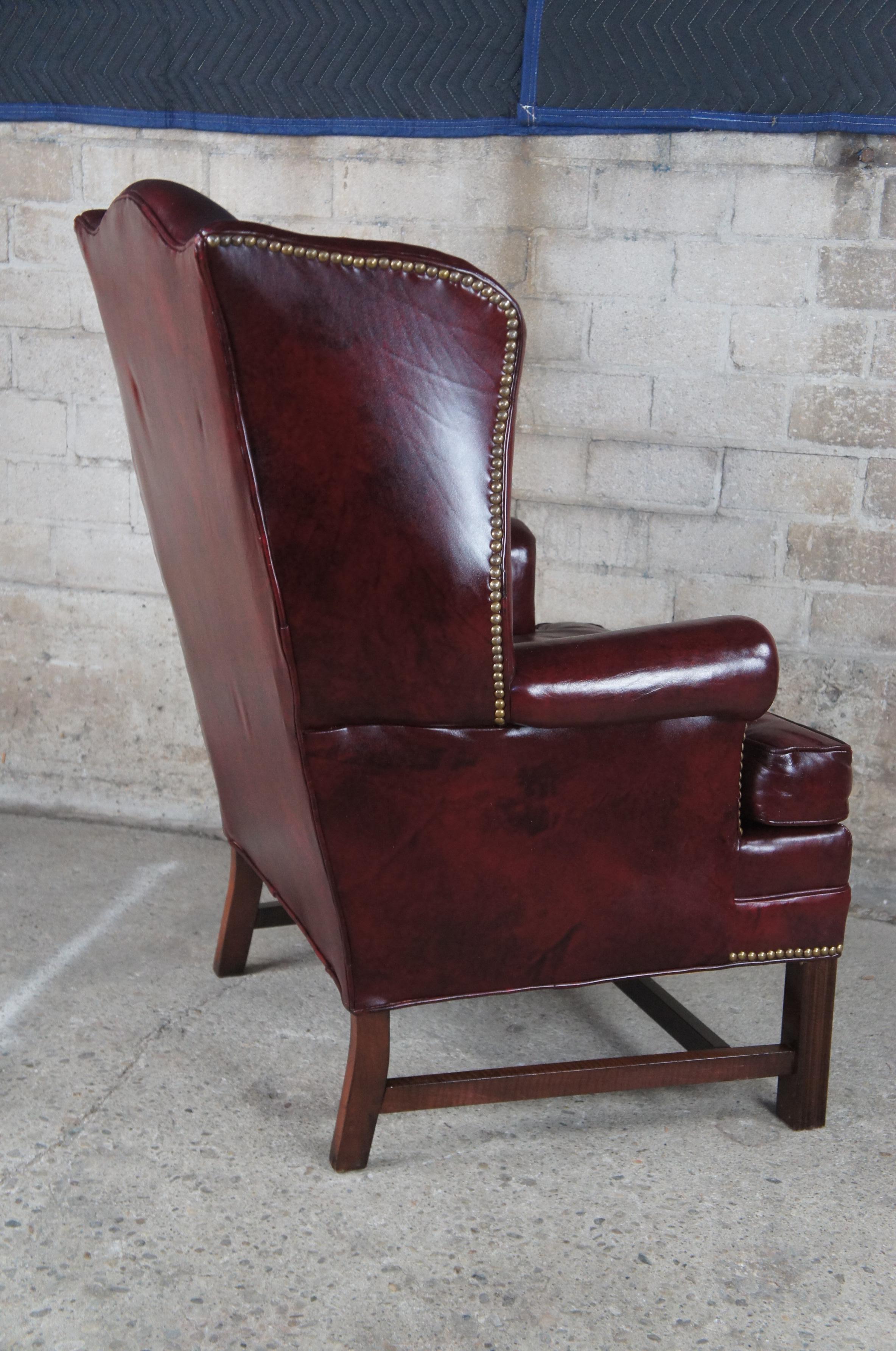 Bracewell Burgundy Leather Nailhead Wingback Library Club Lounge Arm Chairs  2