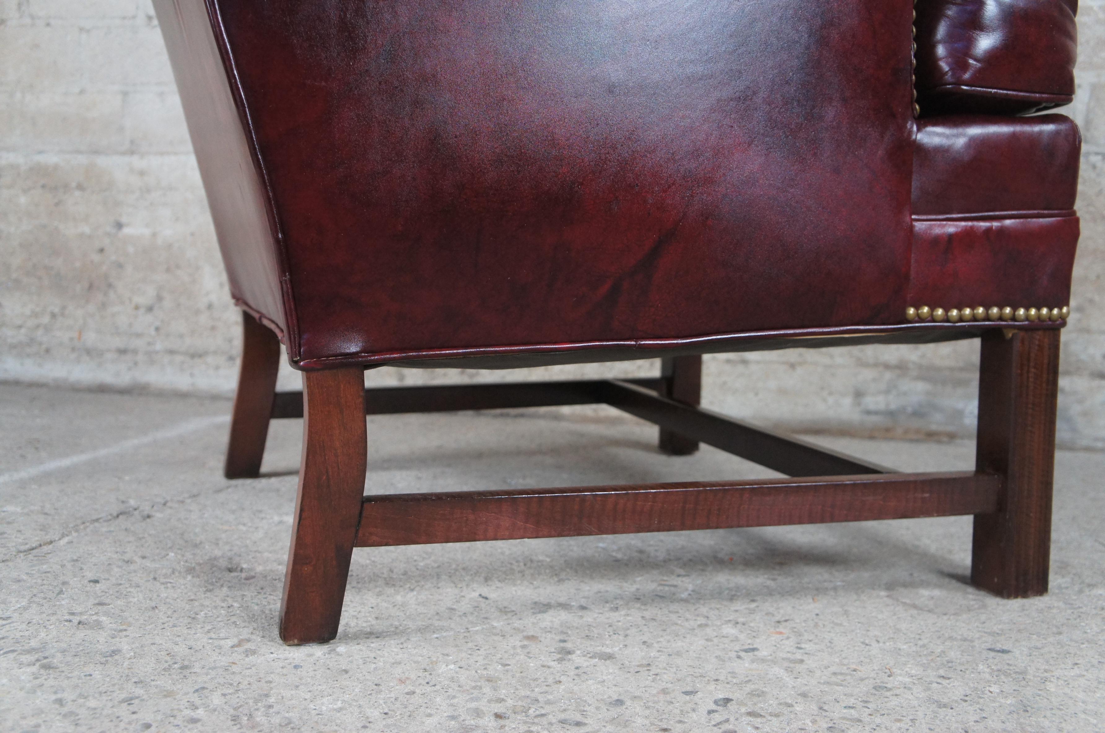 Bracewell Burgundy Leather Nailhead Wingback Library Club Lounge Arm Chairs  4