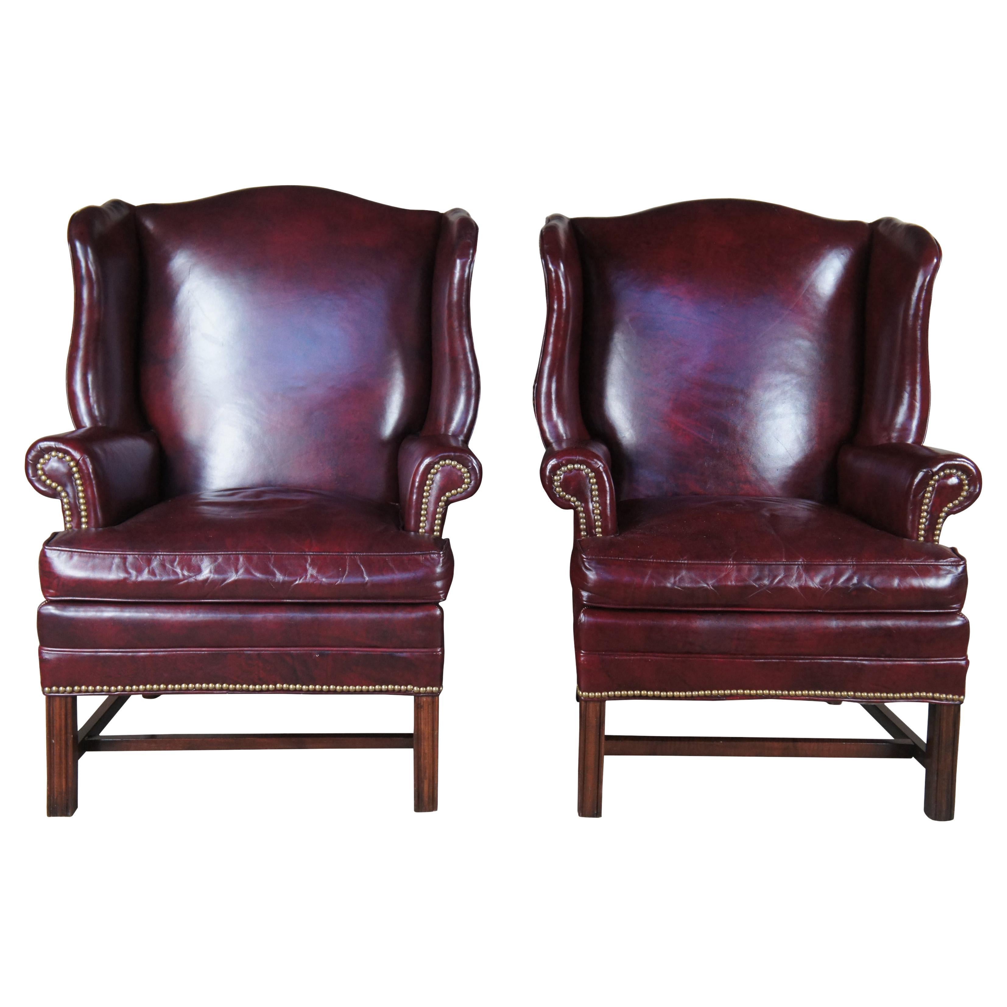 Bracewell Burgundy Leather Nailhead Wingback Library Club Lounge Arm Chairs 