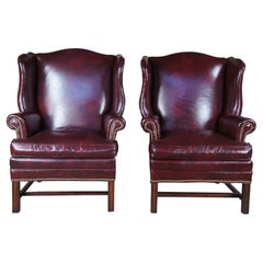 Vintage Bracewell Burgundy Leather Nailhead Wingback Library Club Lounge Arm Chairs 