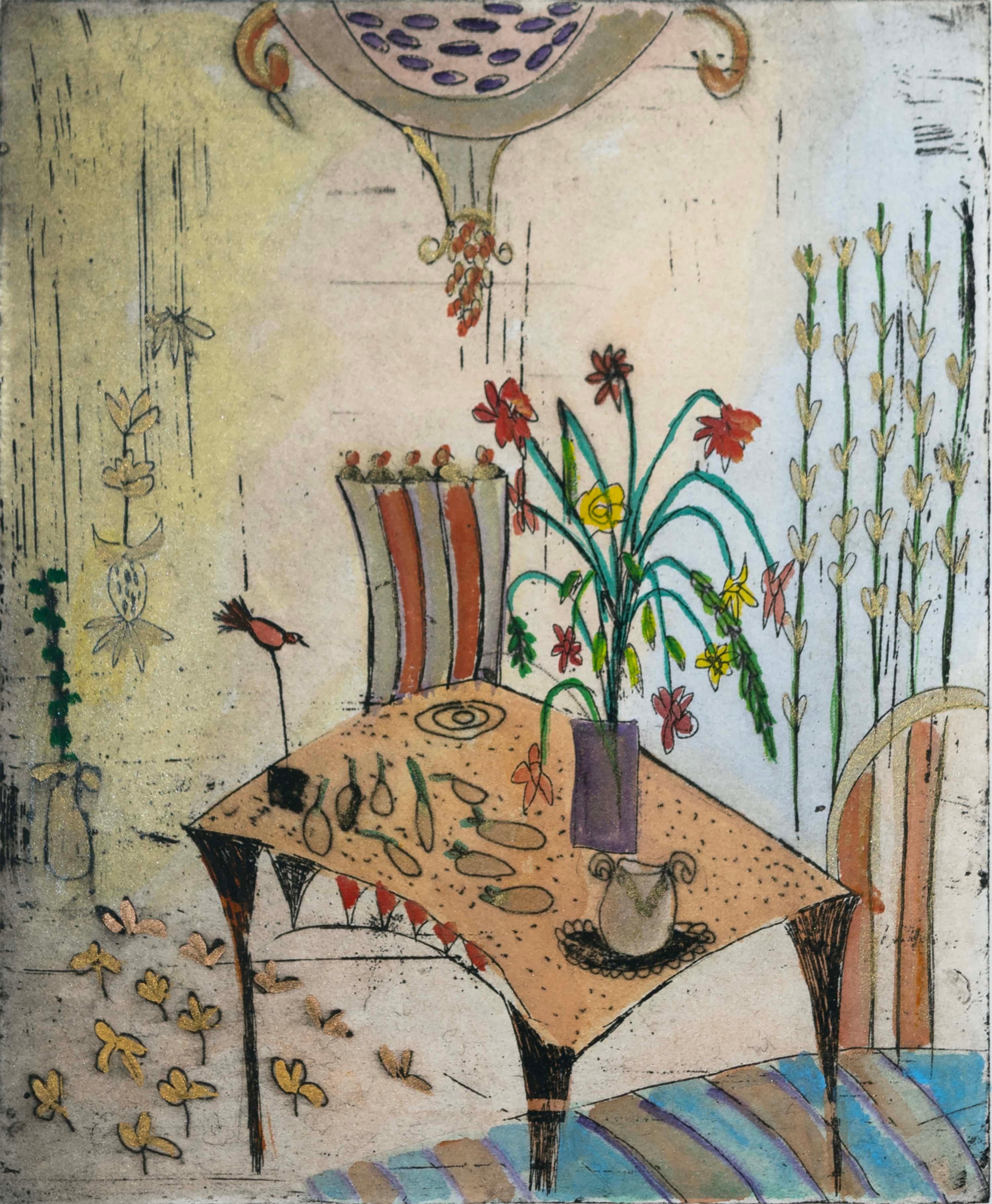Bracha Guy Untitled Bouquet of Flowers on a Kitchen Table Signed Mixed Media In Good Condition For Sale In Keego Harbor, MI