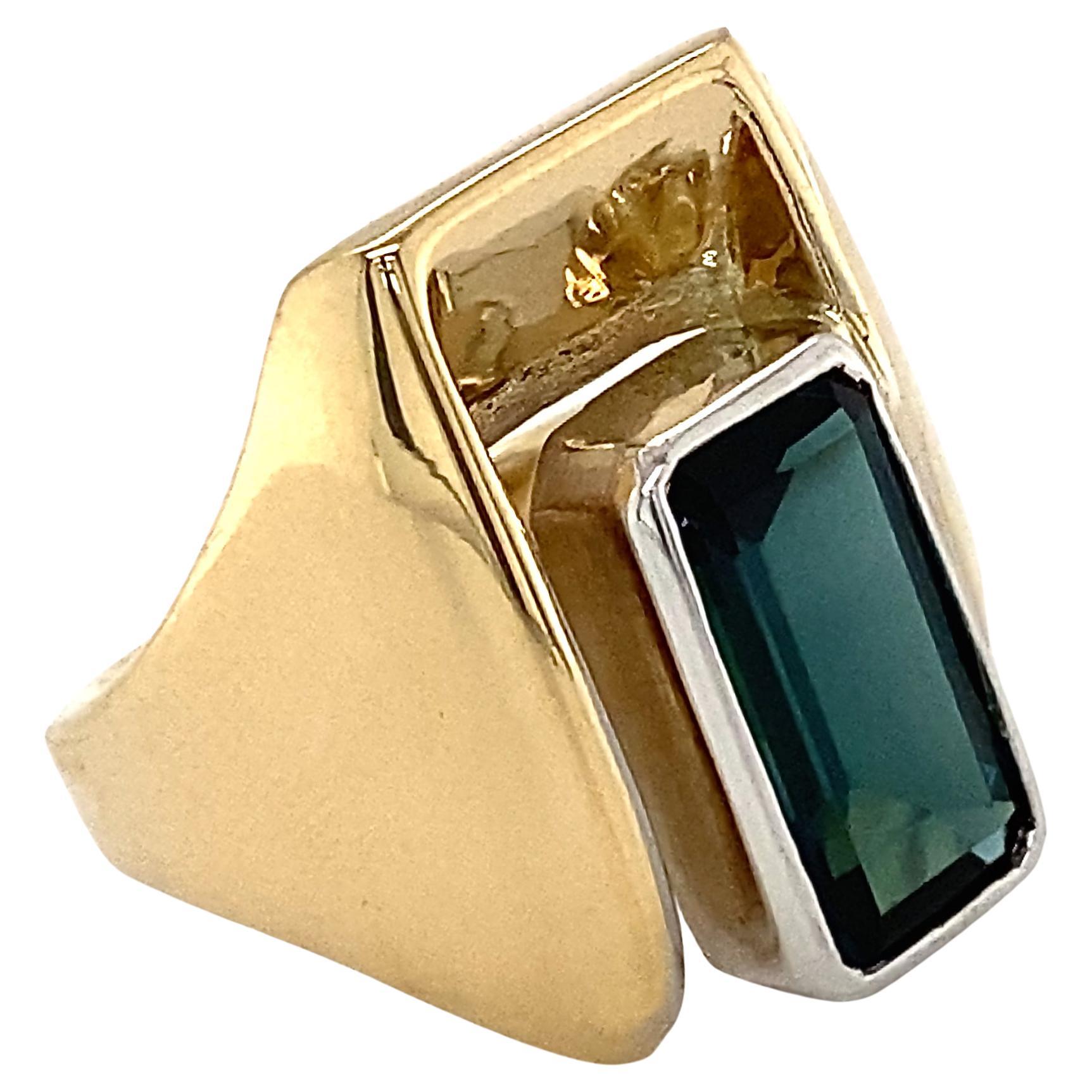 "Bracket" Ring w 2.2 Carat Blue-Green Tourmaline in Yellow and White Gold For Sale