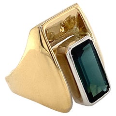 "Klammer"-Ring mit 2,2 Karat blau-grünem Turmalin aus Gelb- und Weißgold