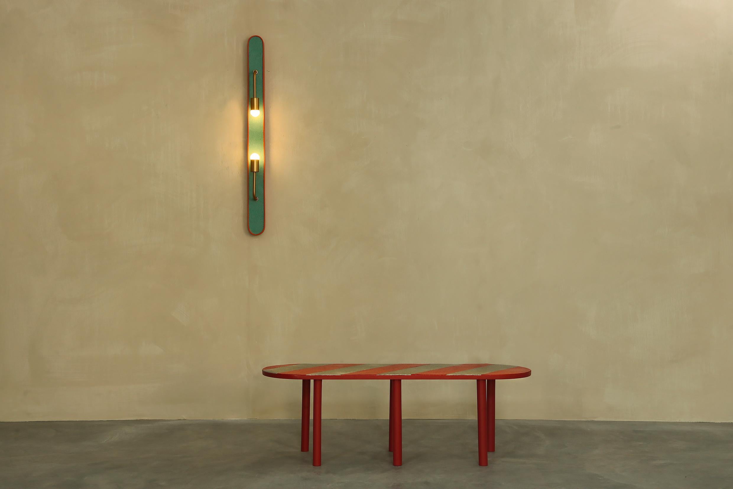 Post-Modern Bracketlamp Too Oblong green- a.pink lacquered solid basswood and paper in Stock For Sale