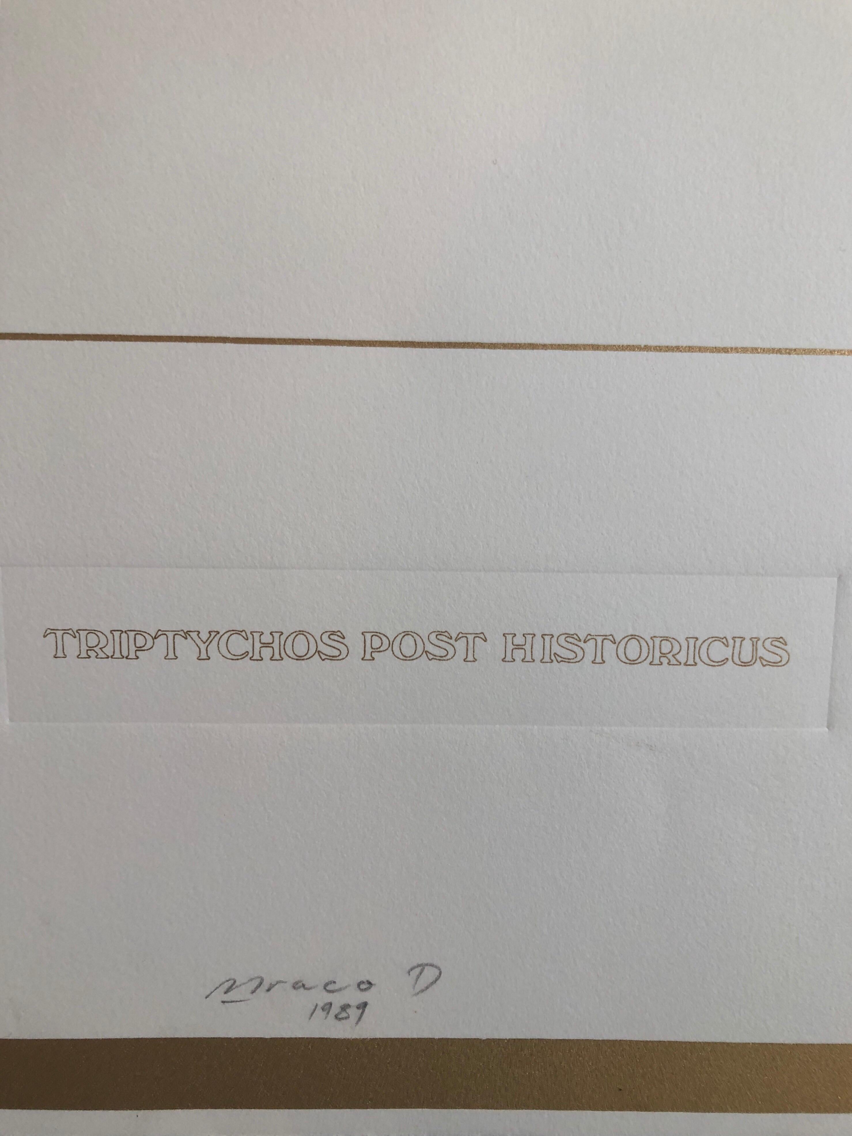 Triptychon Post Historicus Picasso Konzeptuelle Kunst Siebdruck-Lithographie Goldlithographie  (Konzeptionell), Print, von Braco Dimitrijevich