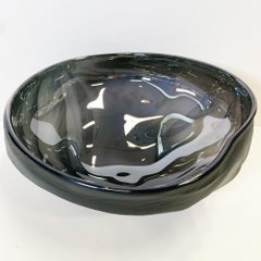 Smoky Grey Blue Blown and Carved Glass Undula Bowl by Canadian artist