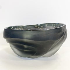 Smoky Grey Blue Blown and Carved Glass Undula Bowl by Canadian artist