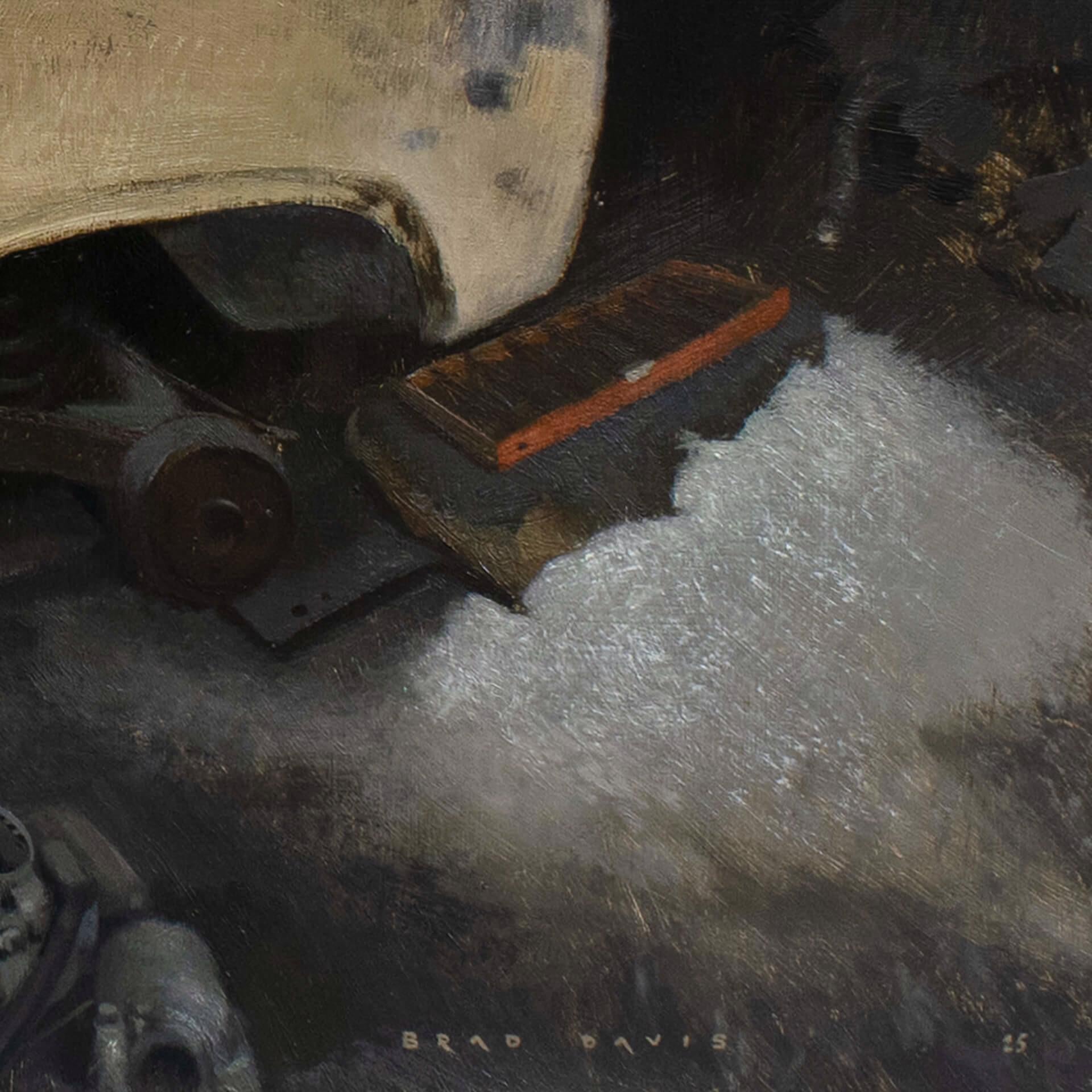 La obra de Brad Davis *8ª y Watts* (2025) es un óleo original sobre panel de madera que mide 24 x 36 pulgadas, alojado en un marco de 26 x 38 pulgadas. Esta composición detallada y atmosférica presenta un coche desgastado y despojado, enclavado en