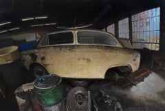 "8th and Watts" – Oil Painting of Abandoned Car in Industrial Garage