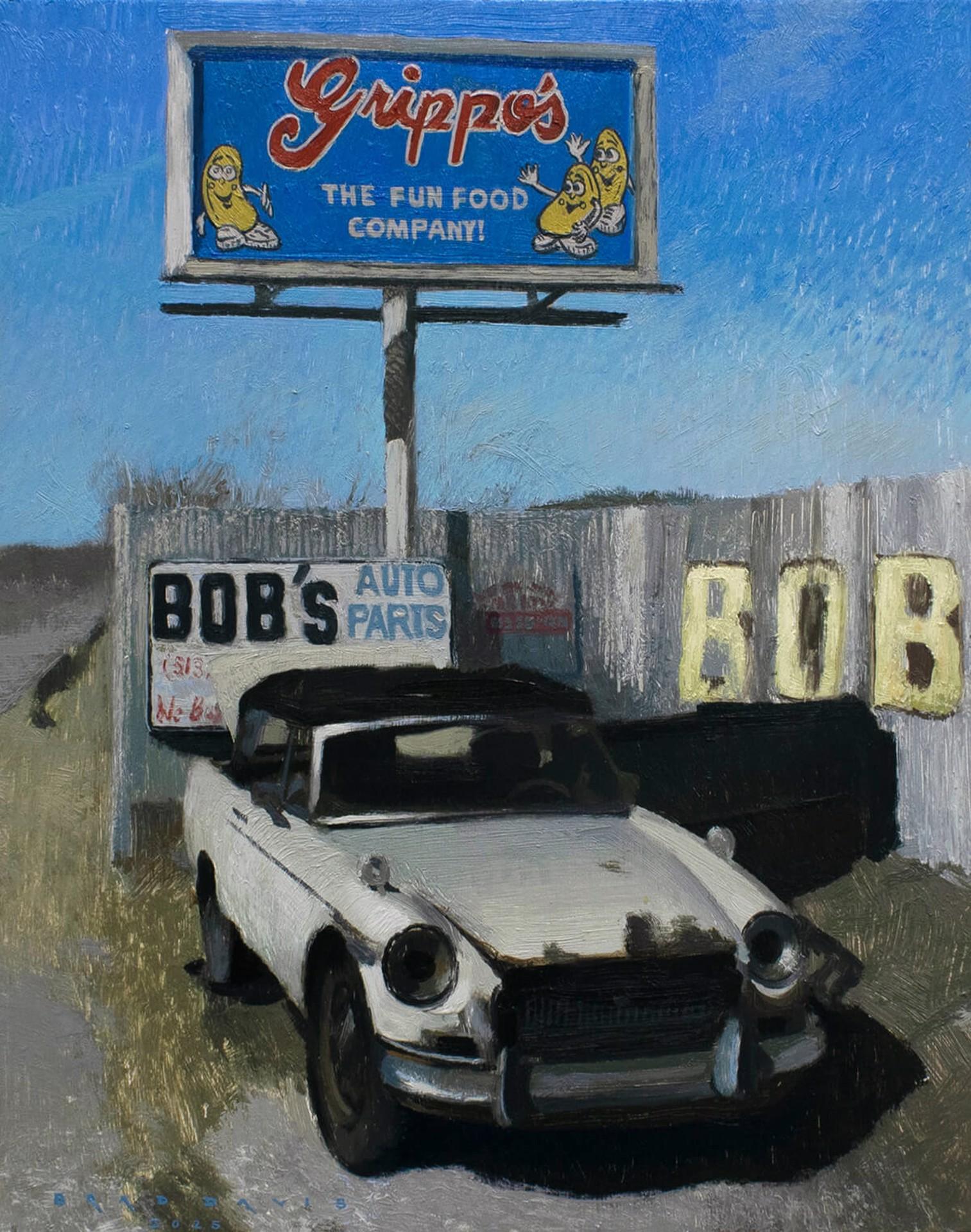 "Bob's Used Auto Parts" - Olio su pannello di legno, scena di auto d'epoca