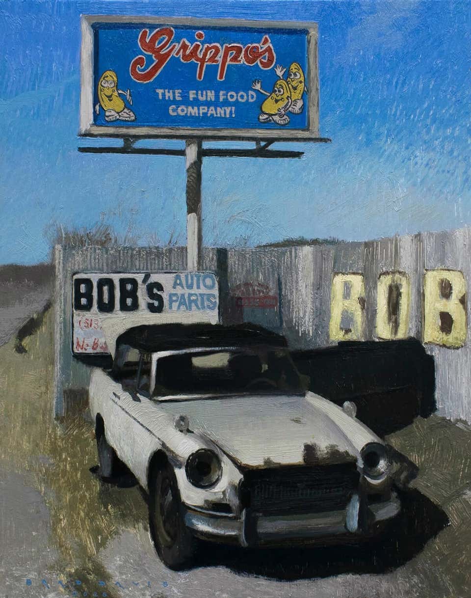 "Bob’s Used Auto Parts" – Oil on Wood Panel, Vintage Car Scene