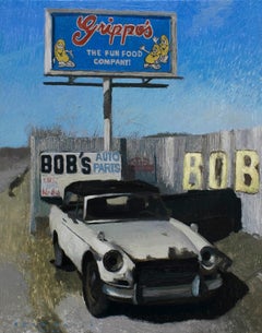 "Bob’s Used Auto Parts" – Oil on Wood Panel, Vintage Car Scene