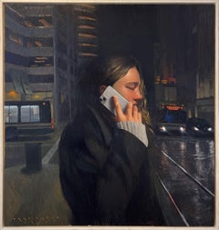 "Quartiere degli affari" - Quadro ad olio con cornice raffigurante una donna al telefono in una scena notturna di città