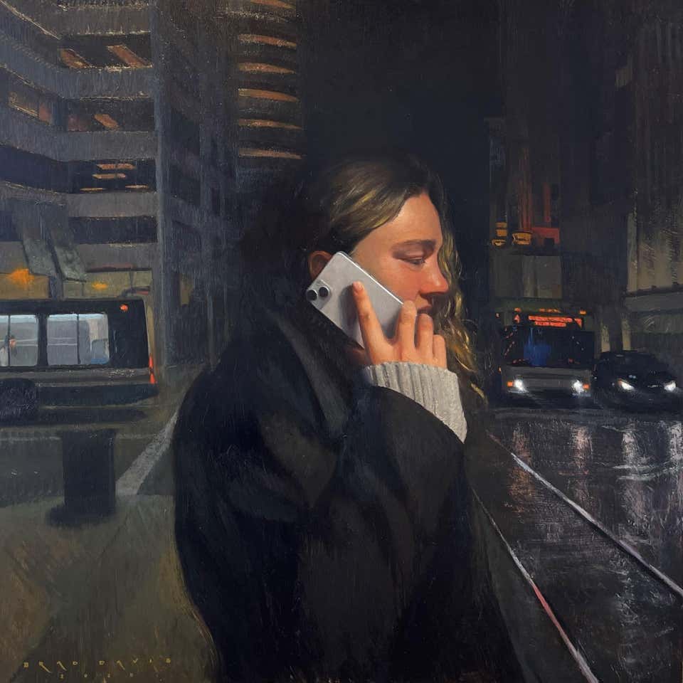 "Business District" – Framed Oil Painting of Woman on Phone in City Night Scene