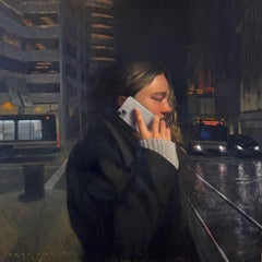 "Business District" – Framed Oil Painting of Woman on Phone in City Night Scene