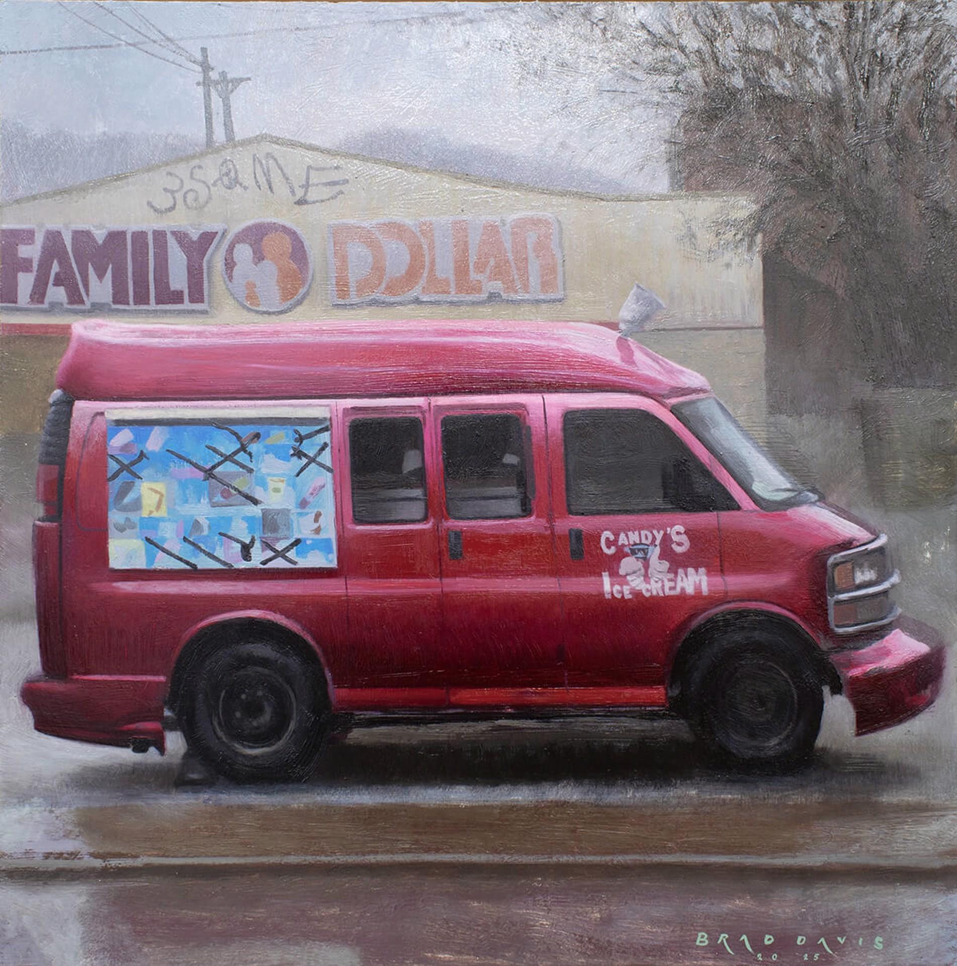 "Candy's" - Olio su pannello di legno, scena di strada realista contemporanea