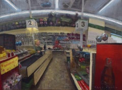 "Dollar Tree" - Huile sur panneau de bois, Scène de vente au détail, réalisme contemporain