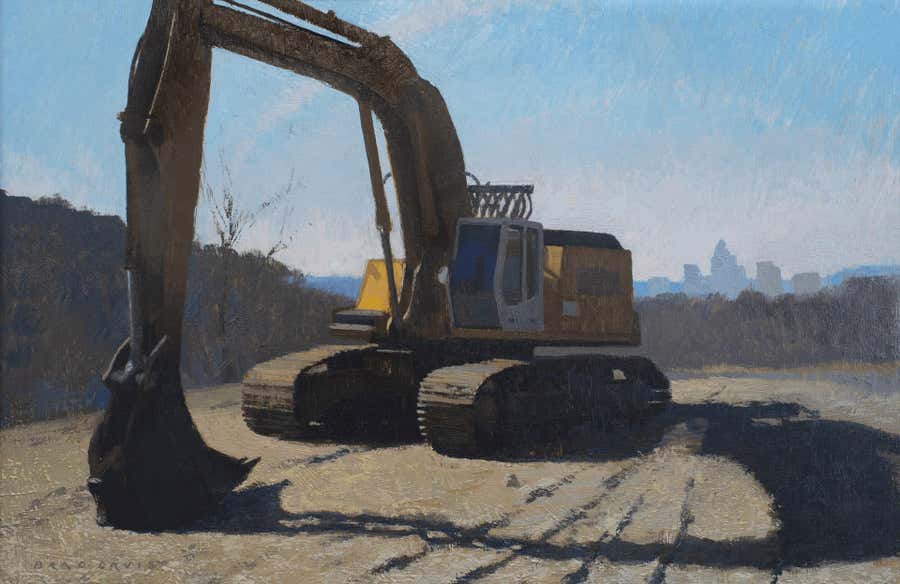 "Progress on Memorial" – Oil Painting, Industrial Urban Landscape