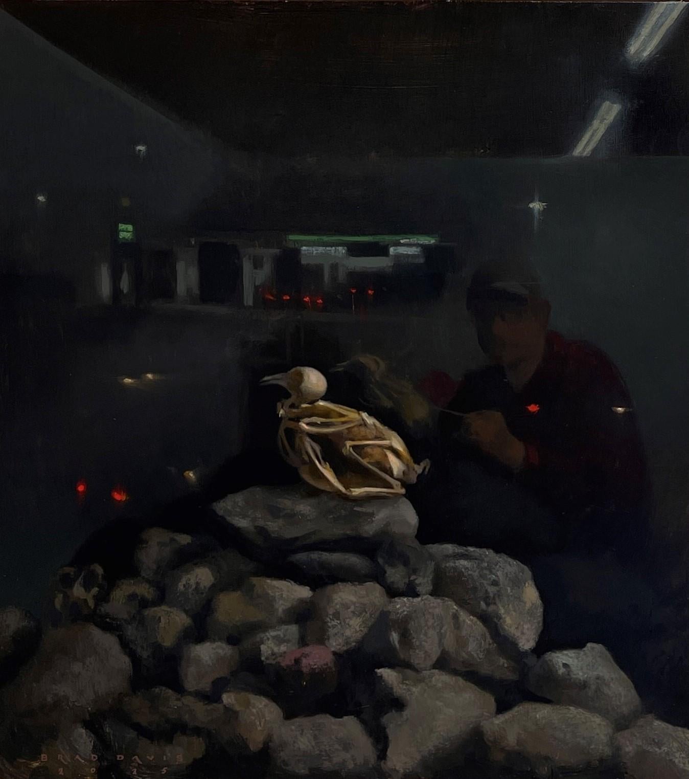 "Natura morta con Pet Coke" - Pittura a olio di rocce, scheletro di uccello e stazione di servizio