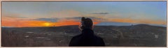 "Motori violenti" - Pittura panoramica ad olio con tramonto e figura