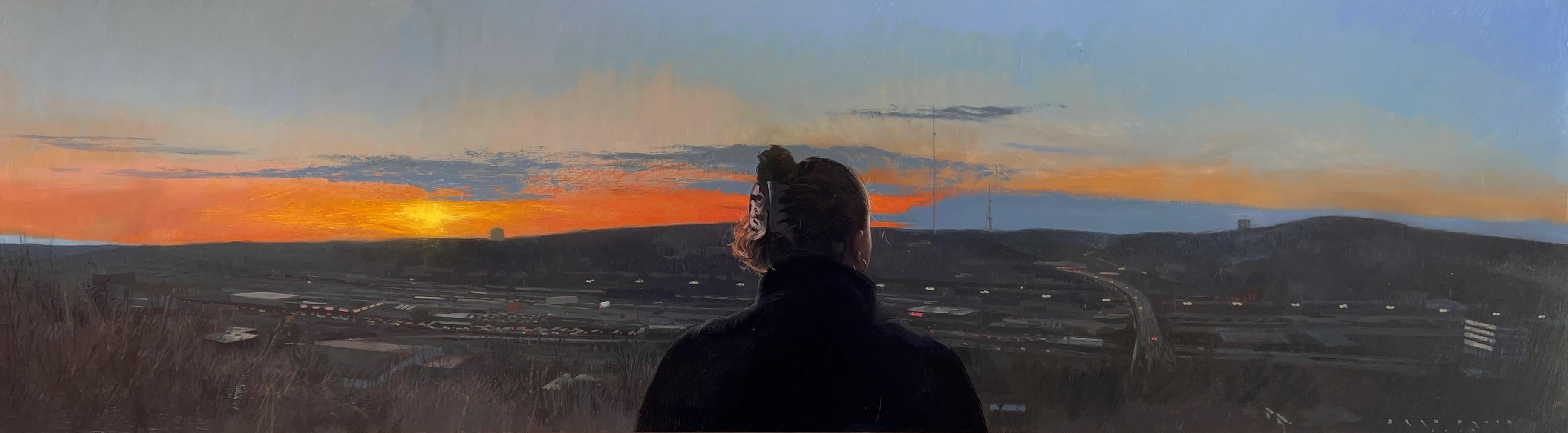 "Violent Engines" - Peinture à l'huile d'un panorama urbain avec coucher de soleil et personnage
