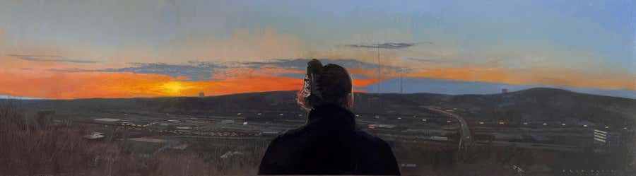 "Violent Engines" – Oil Panorama Cityscape Painting With Sunset and Figure