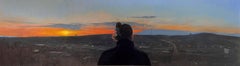 "Violent Engines" - Peinture à l'huile d'un panorama urbain avec coucher de soleil et personnage