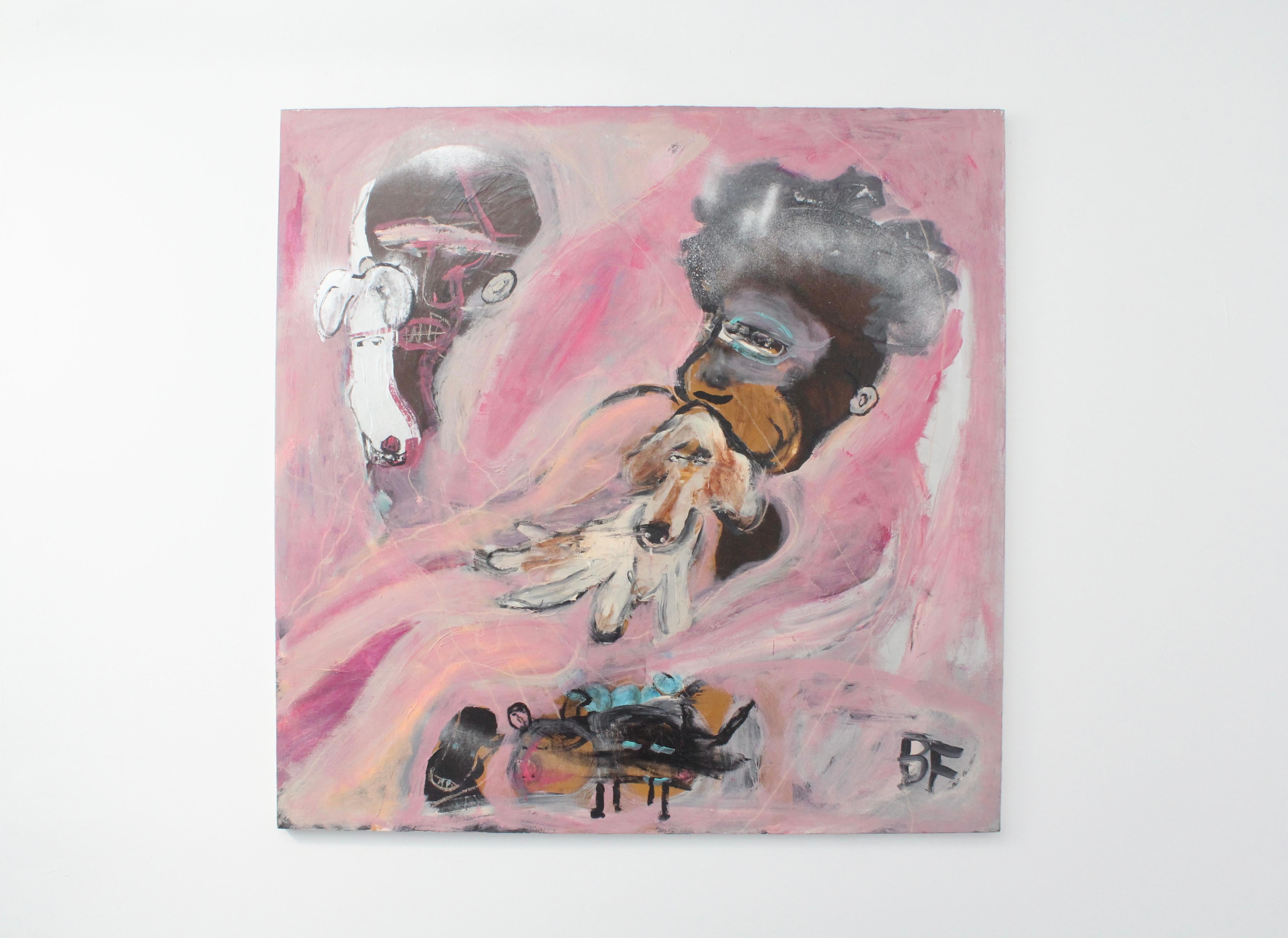 Man's Best Friend Modern Figurative Pink Oil Painting on Canvas by Brad Fisher