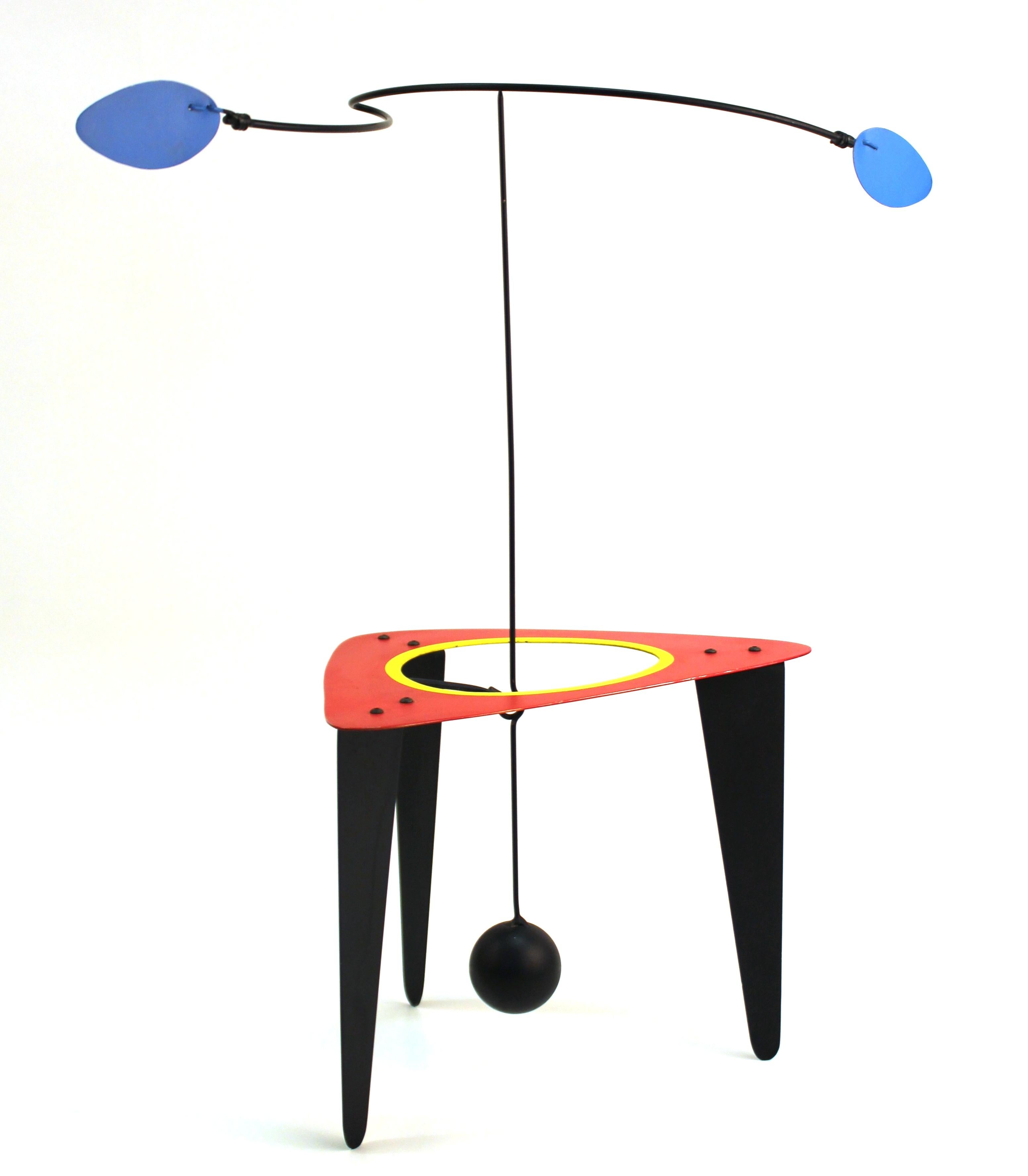 Modern kinetic mobile or stabile tabletop sculpture created by American designer Brad Howe (b. 1959). Signed by the artist on the bottom of the base. The piece was made with painted steel during the 1990s and is in very good vintage condition with