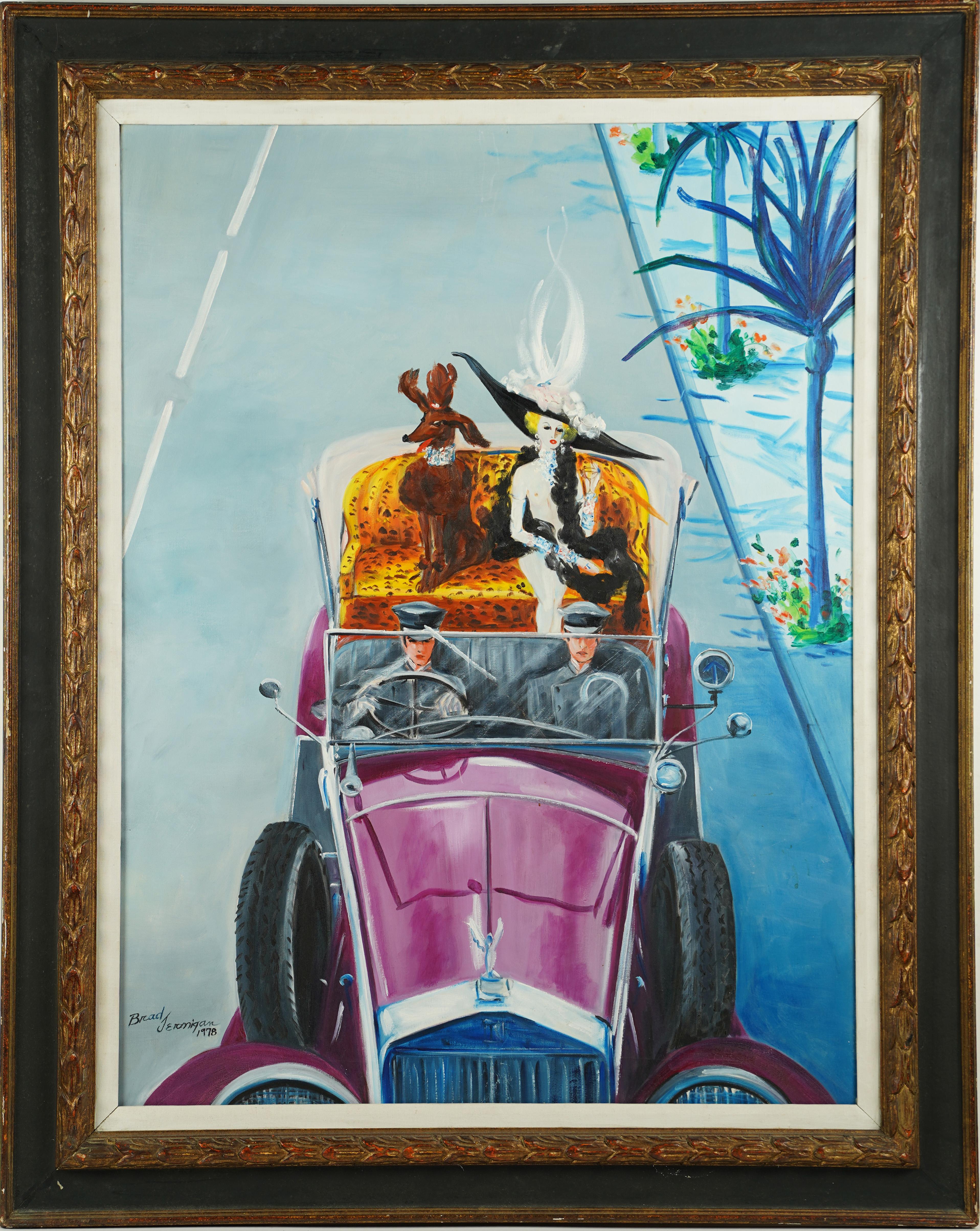 Brad Jernigan Landscape Painting -  Antique Paris School High Fashion Rolls Royce Car Street Scene Dog Oil Painting