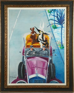 Antique Paris School High Fashion Rolls Royce Car Street Scene Dog Oil Painting