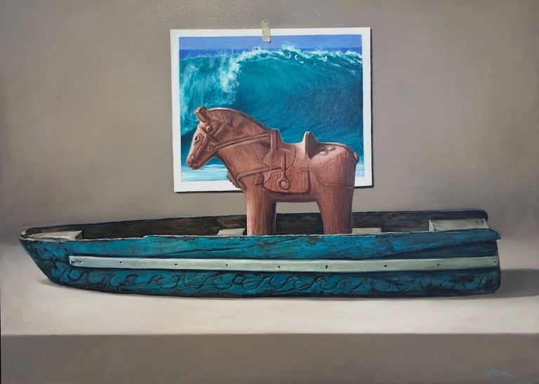 Brad Overton creates large scale paintings of toy figurines; he brings these objects to life by placing them in unique and fantastical settings. "I have always loved the patina of old toys, wagons, cars. I love the look of time and timelessness. A