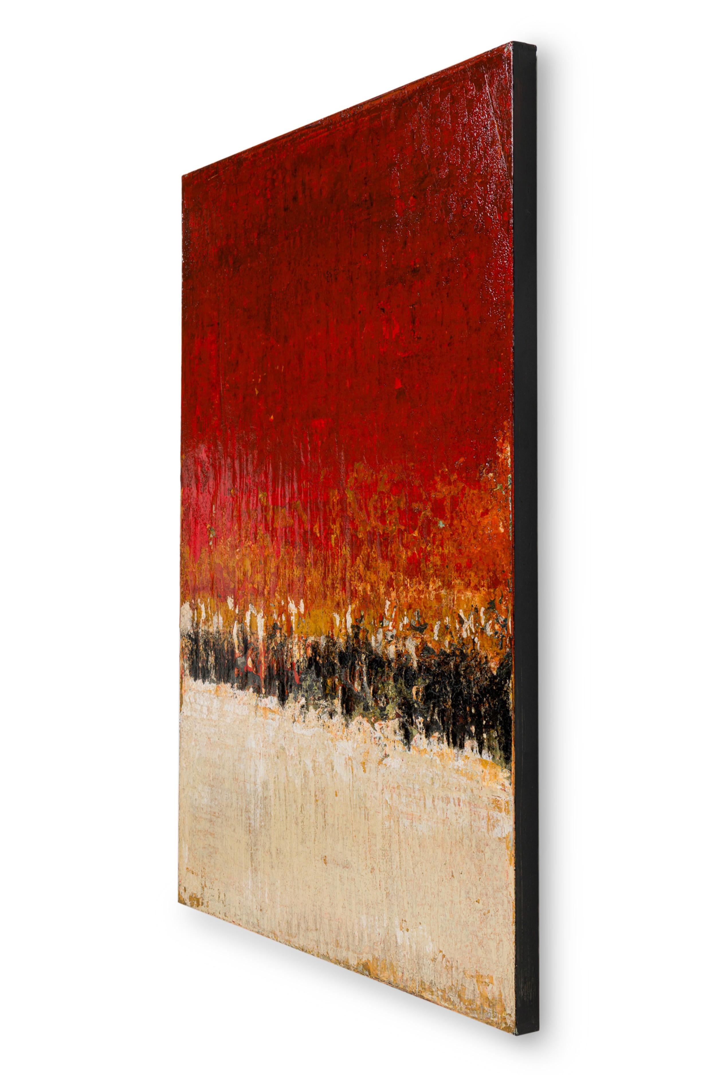 Amerikanisches zeitgenössisches abstraktes Ölgemälde auf Leinwand mit einem tiefroten oberen Teil, der durch einen schwarzen Rand geteilt wird, über einem beigen unteren Teil (BRAD ROBERTSON)