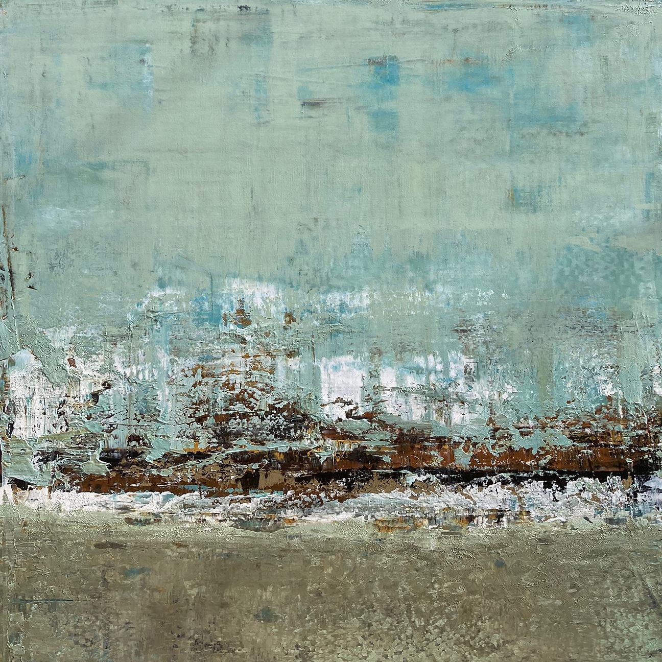 Senza titolo, n. 4 - Pittura contemporanea di paesaggio astratto con texture blu/grigie - Mixed Media Art di Brad Robertson