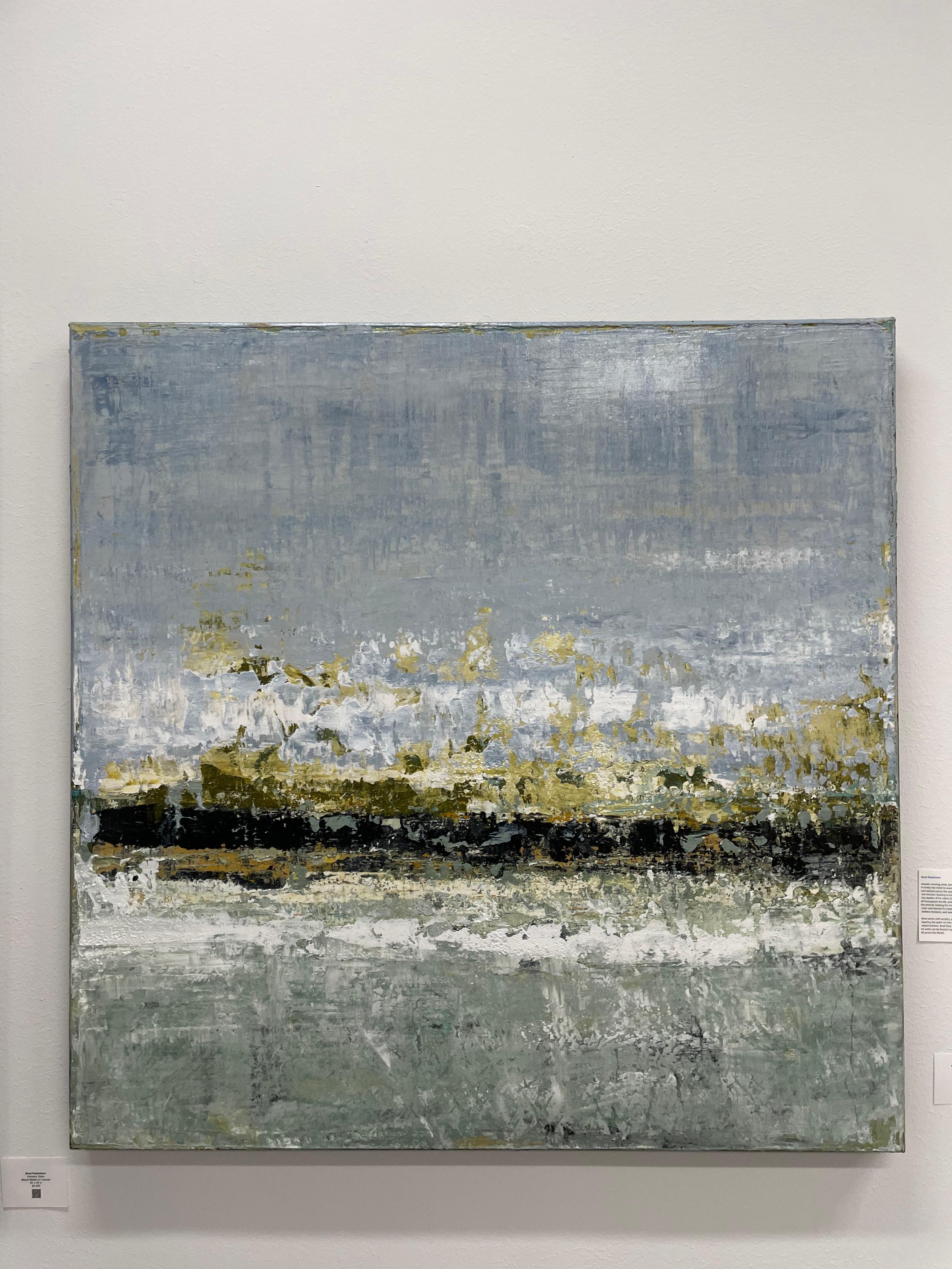 The abstract piece by Brad Robertson is made with mixed media on canvas and the piece is 48 x 48 inches, priced at $5,000. Robertson was born and raised in a coastal town, which inspires his paintings. The coastal landscapes are his biggest