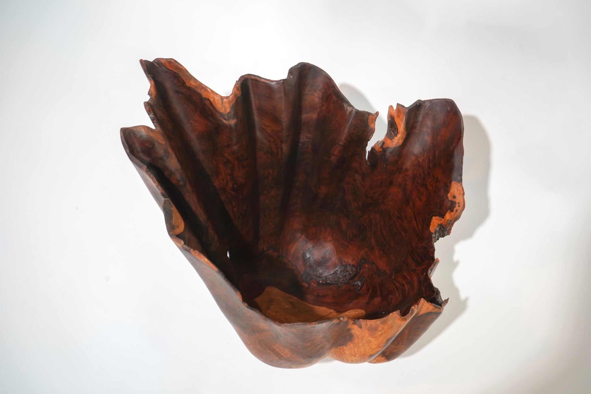 Carved redwood vessel sculpture by renowned artist Brad Sells. Sell's work can be found in private collections, museums and other public institutions. Sells also starred in the PBS series 