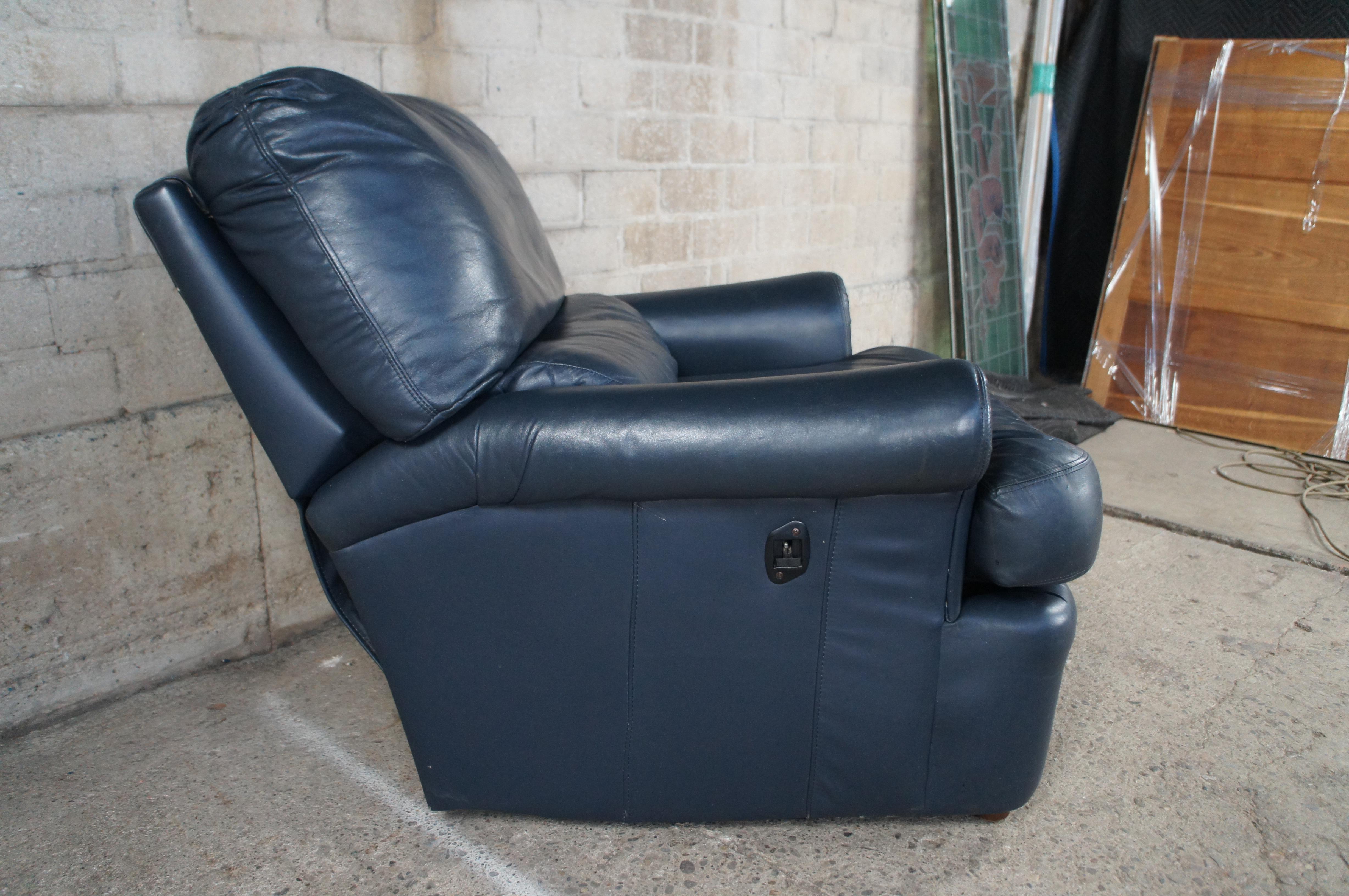 Bradington Young Blue Leather Reclining Club Lounge Library Chair Ottoman 7