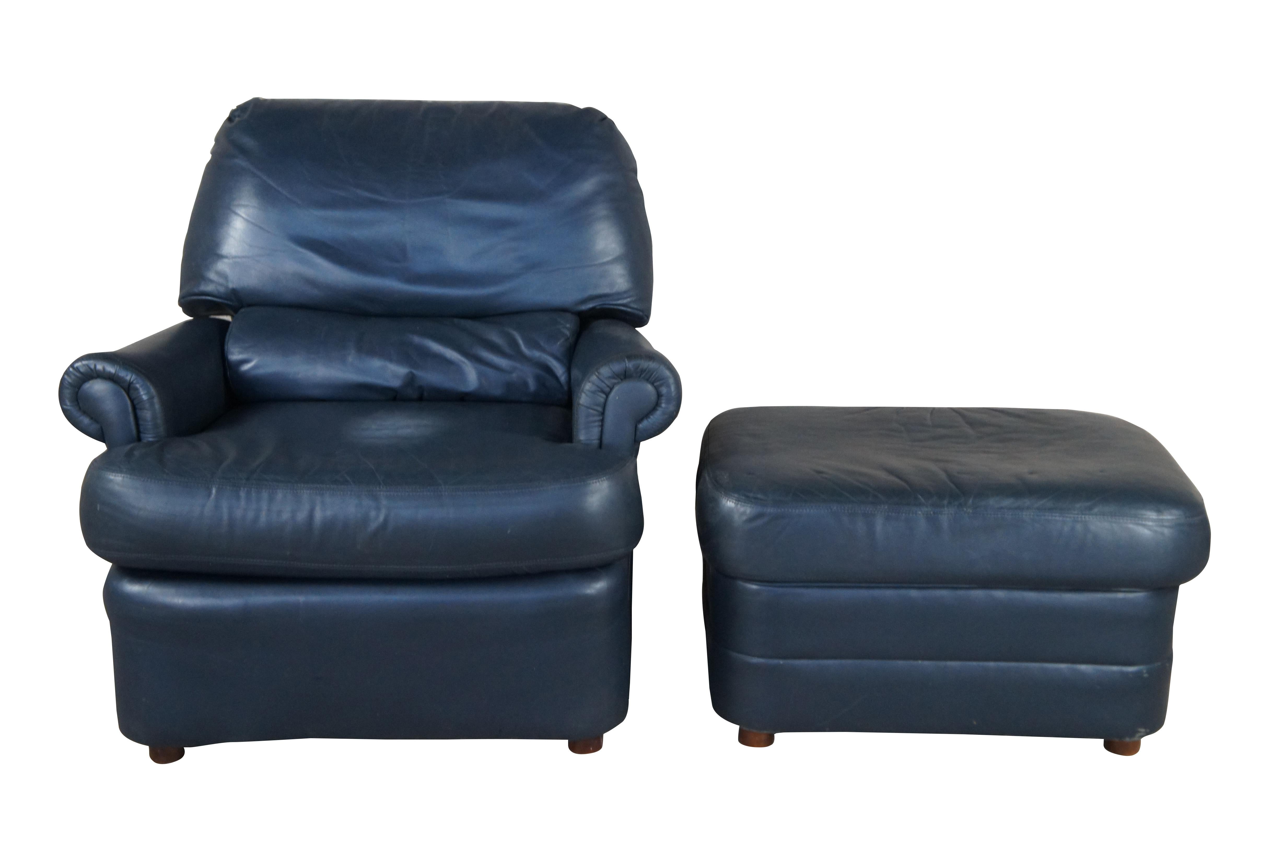 Vintage Bradington Young blue leather recliner chair and ottman.

In the spirit of American entrepreneurship, Bradington-Young was founded over 40 years ago in Cherryville surrounded by the foothills of the Great Smoky Mountains. A group of