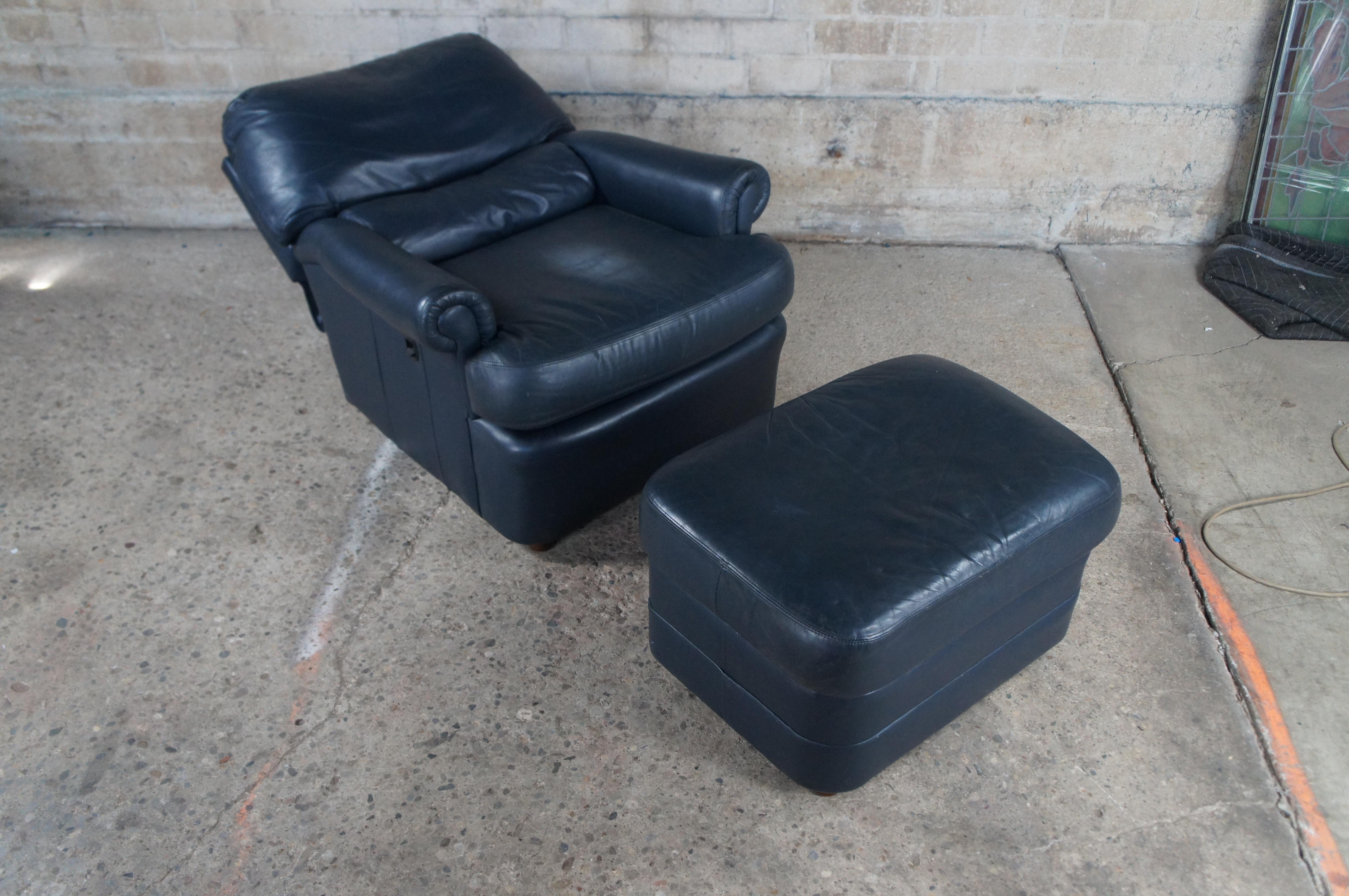 Bradington Young Blue Leather Reclining Club Lounge Library Chair Ottoman 2